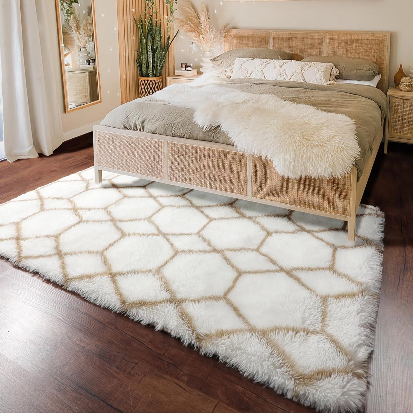 ONASAR 5x7 Area Rugs for Living Room Bedroom, Washable Fluffy White and Beige Faux Fur Bedside Rug, Geometric Boho Soft Plush Shaggy Floor Carpet Mat for Nursery Kids Girls Teen Dorm Home Decor