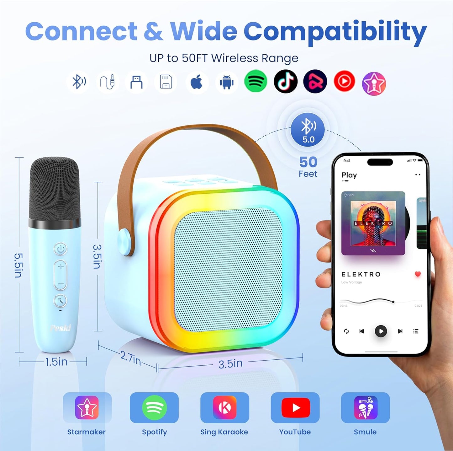 Peski Karaoke Machine for Kids Adults, Portable Bluetooth Mini Karaoke Microphone Singing Speaker Karaoke Player with 2 Wireless Mic, Birthday Gifts for Girls Boys Family Home Party (Blue)