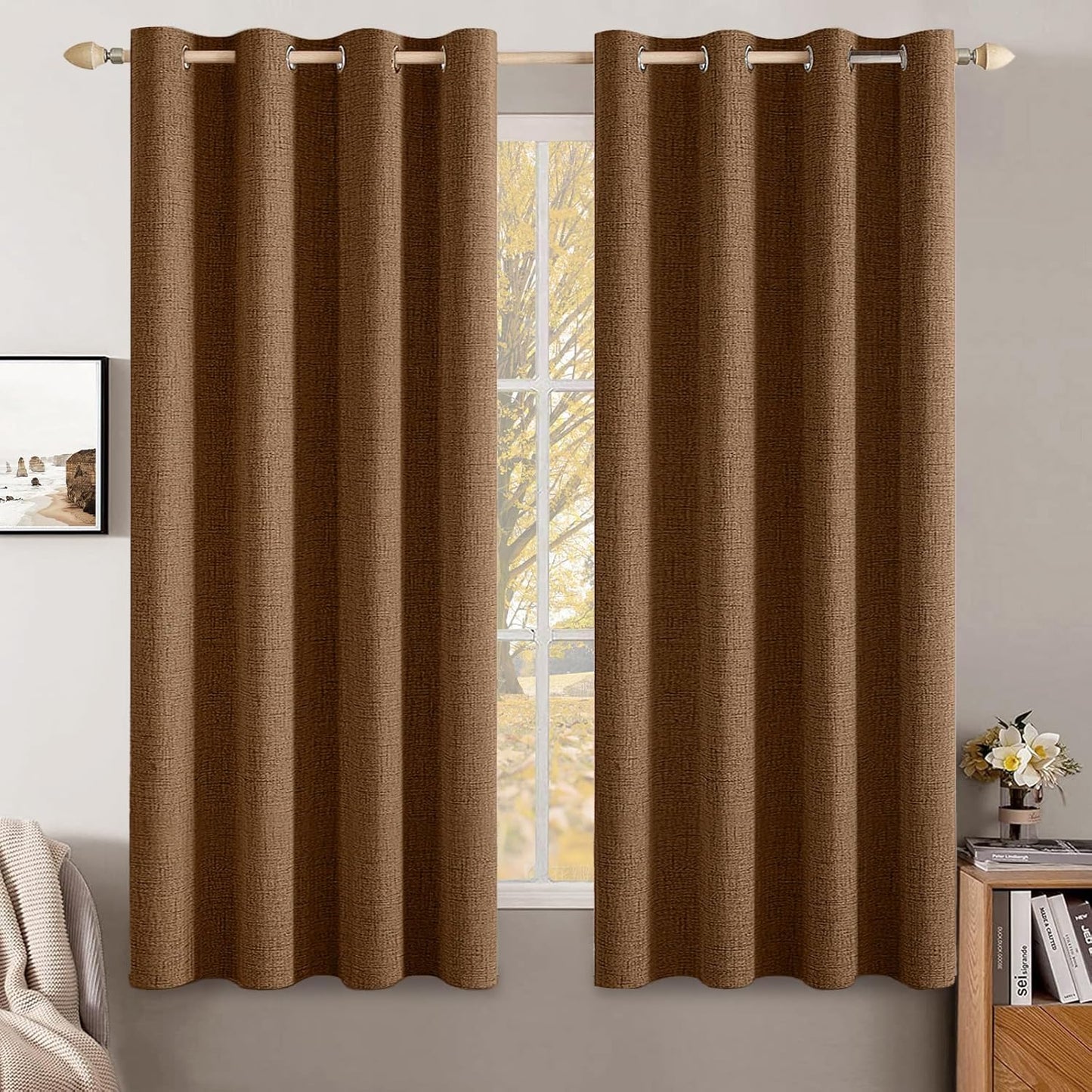 MIULEE Linen Curtains for Bedroom 100% Blackout Thermal Insulated Brown Grommet Room Darkening Curtains & Drapes Fall Decor for Living Room Nursery 52 x 54 Inch (2 Panels)