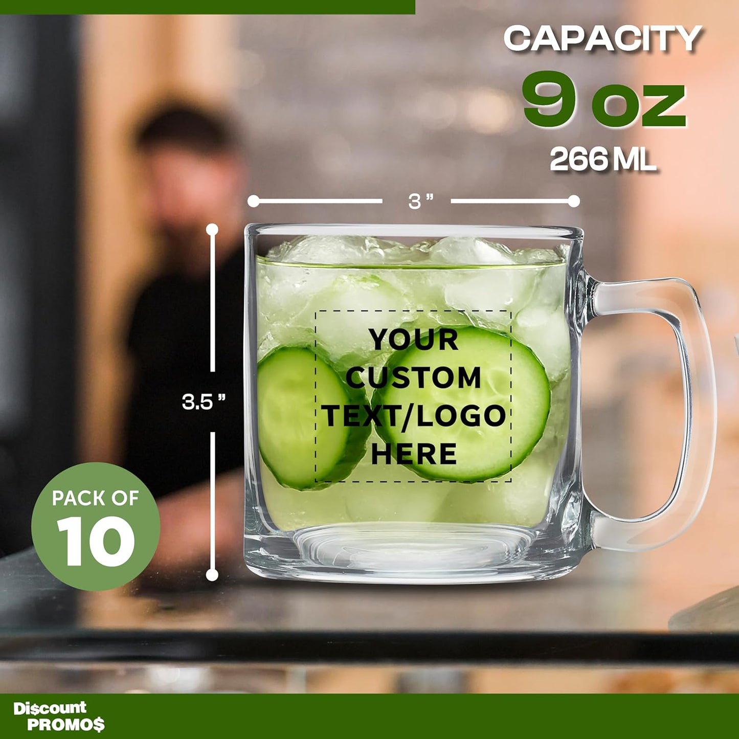 DISCOUNT PTOMOS Custom Small Glass Coffee Mugs 9 oz. Set of 10, Personalized Bulk Pack - Perfect for Coffee, Tea, Espresso, Hot Cocoa, Other Beverages - Clear