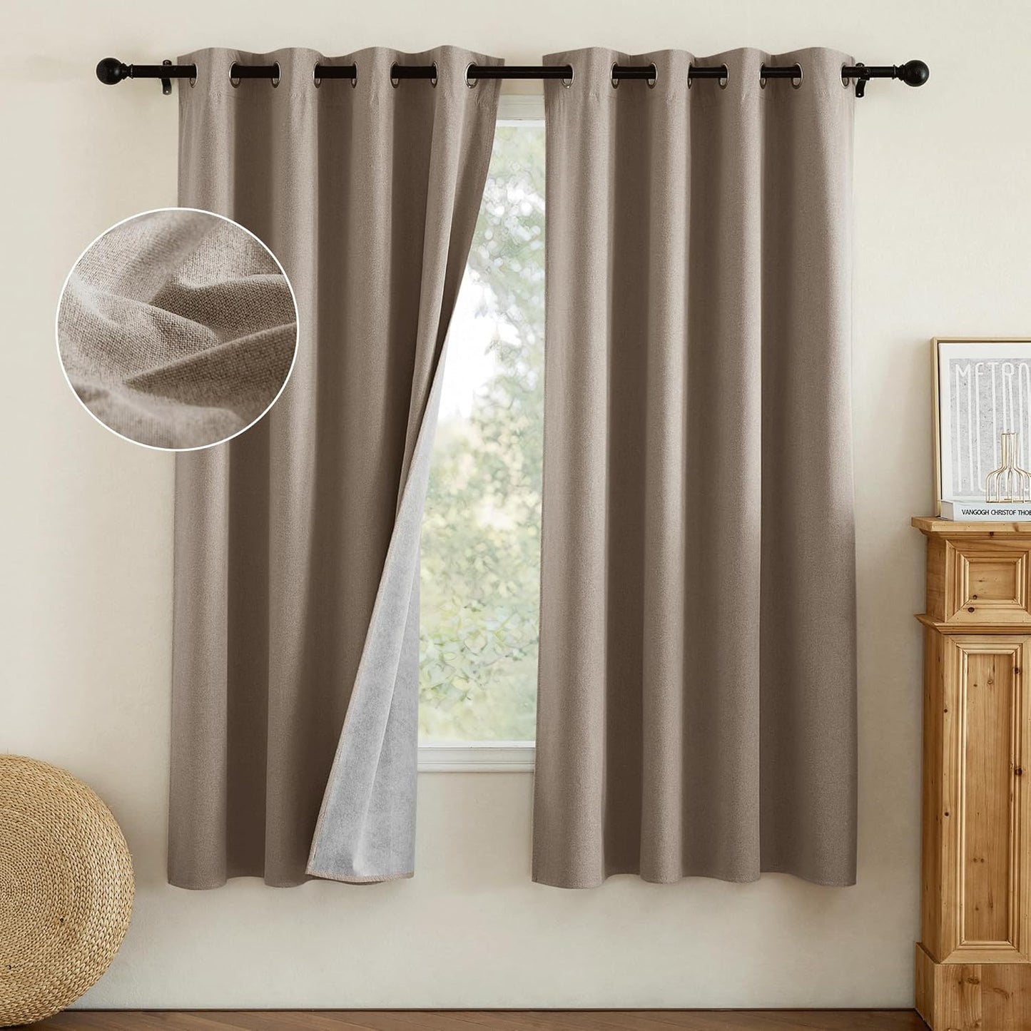 NICETOWN Linen Bedroom Full Blackout Faux Linen Curtain Panels Set of 2, 52" by 72", Thick Insulated Classic Grommet Blackout Draperies with White Thermal Insulated Liner for Windows