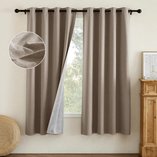 NICETOWN Linen Bedroom Full Blackout Faux Linen Curtain Panels Set of 2, 52" by 72", Thick Insulated Classic Grommet Blackout Draperies with White Thermal Insulated Liner for Windows