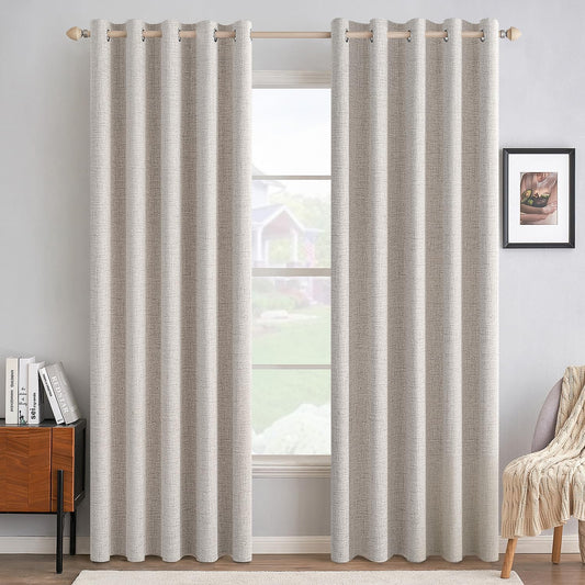 MIULEE 100% Blackout Linen Textured Curtains for Bedroom Solid Thermal Insulated Ivory Grommet Room Darkening Curtains & Drapes Luxury Decor for Living Room Nursery 62 x 84 Inch (2 Panels)