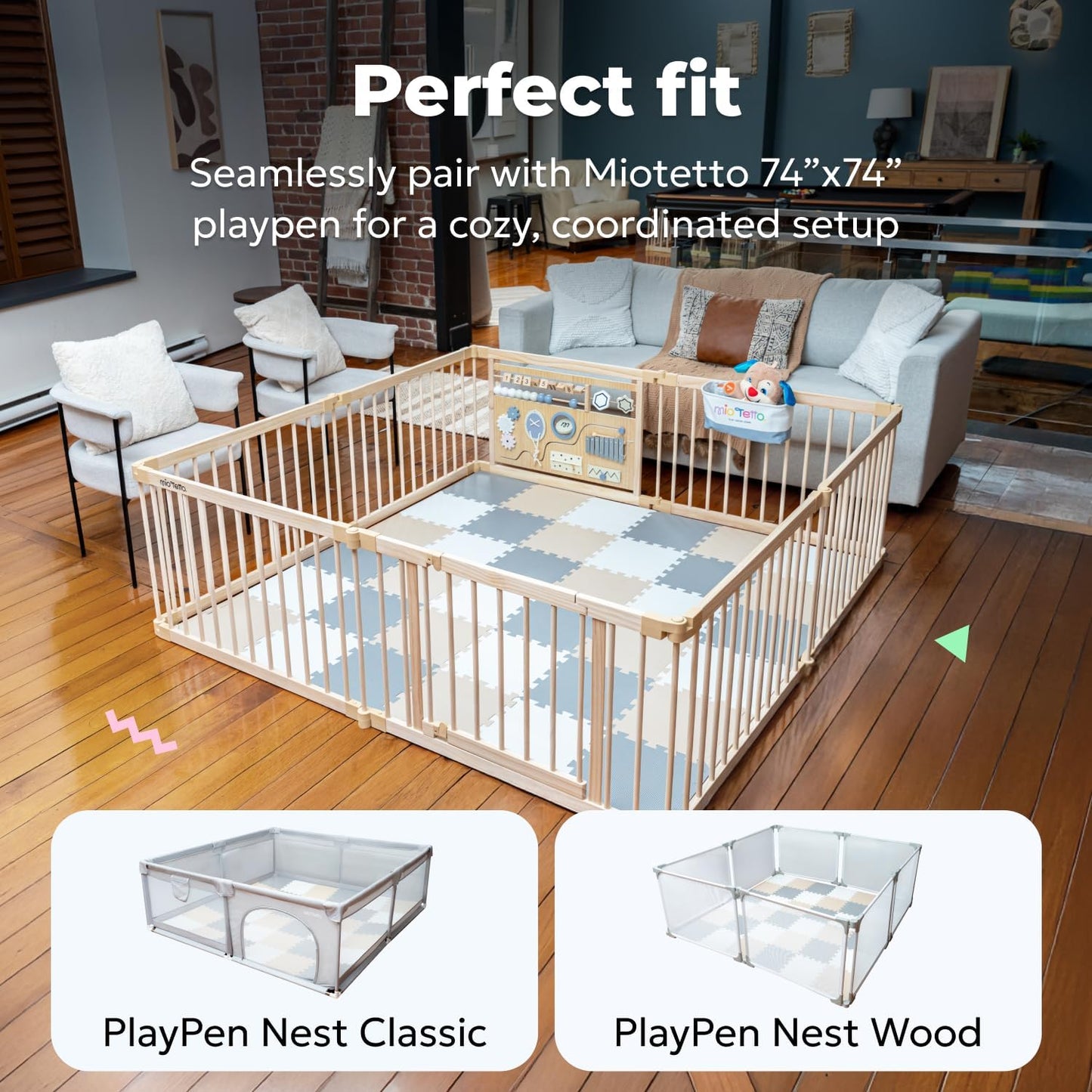 MioTetto Foam Floor Tiles for Kids - Non-Toxic Comfortable Baby Play Mat and Interlocking Foam Tiles, Fits with 74x74 Playpen Mat for Crawling & Development, Soft Play Mat for Babies 6-12 Months