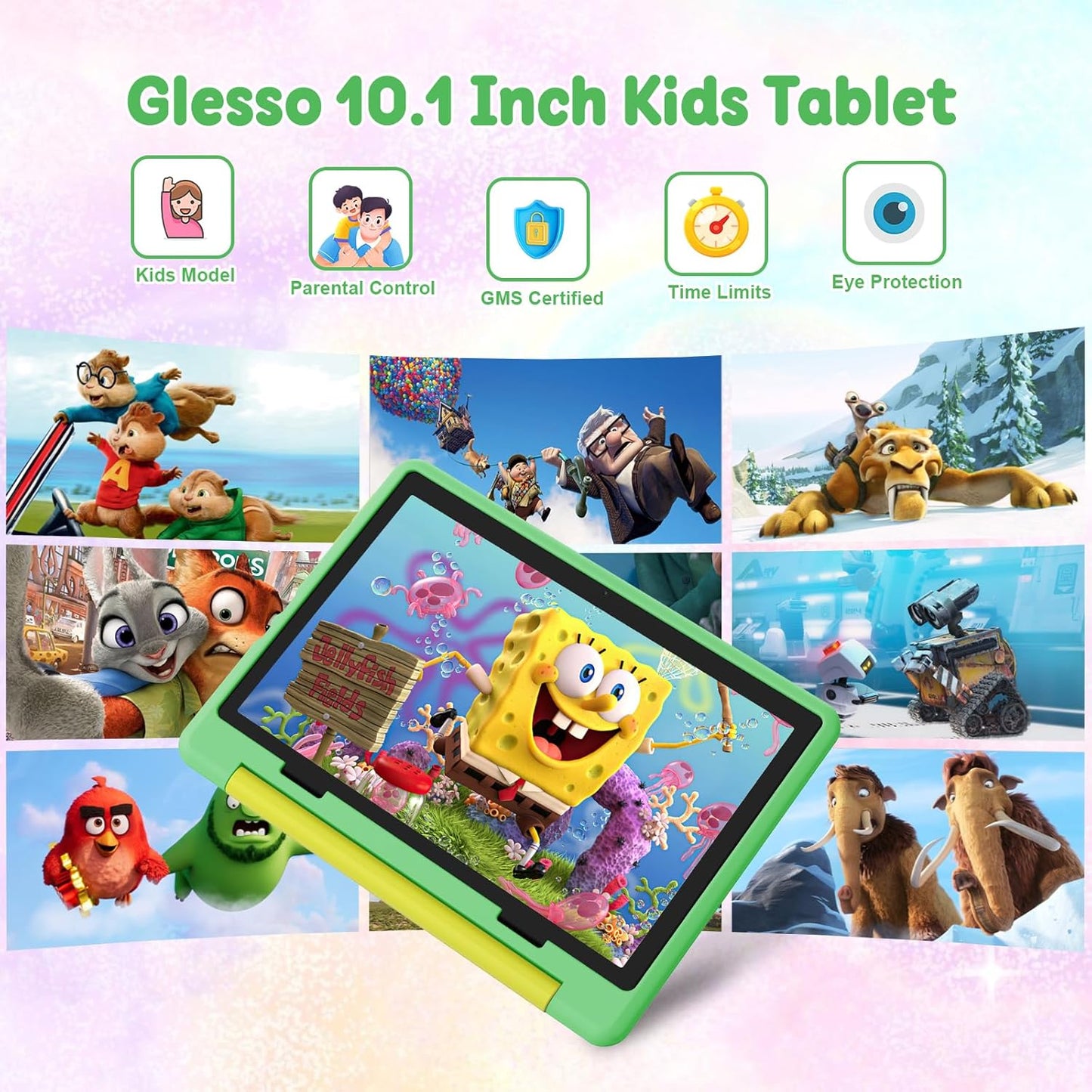 Kids Tablet,Android 15 Tablet with HD Display,10.1 inch,Parental Control & Kids Mode, Octa-Core, GMS Certified,20GB RAM 64GB ROM,1TB Expandable, 5000mAh Battery, Dual Camera, Protective Case,Green