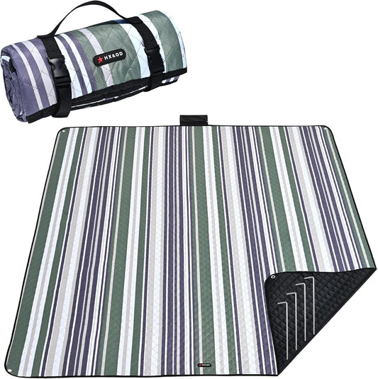 HX&OD Outdoor Picnic Blanket Extra Large, 80''*60'' Waterproof Picnic Mat with Stakes Foldable Camping Blanket Portable with Carry Strap for Beach Mat (Green& White, 80''*60'')