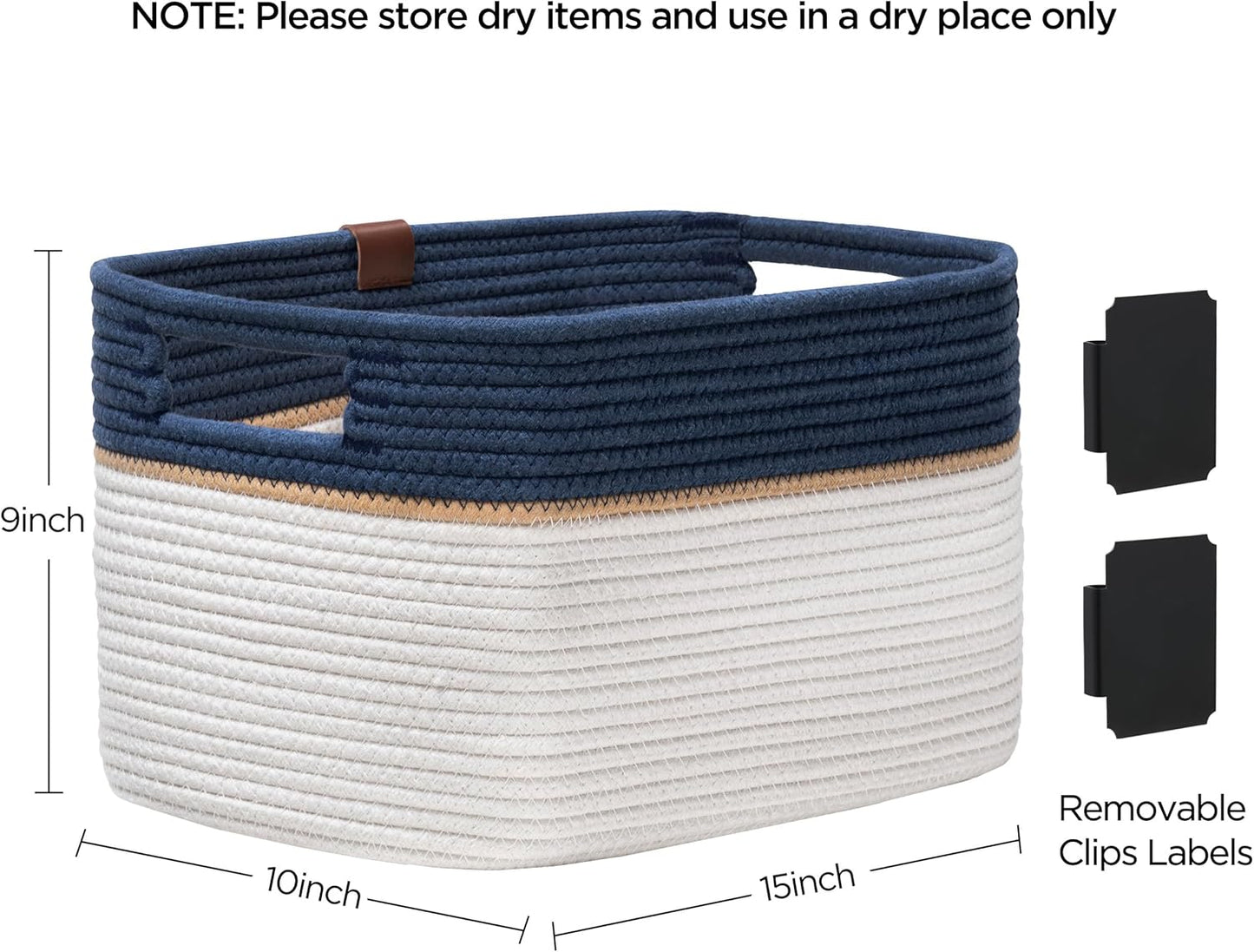 UBBCARE 2 Pack Baskets for Organizing, Woven Storage Baskets with Label for Toys and Towel, Rectangle Cotton Rope Basket with Handles, 15''L x10''W x9''H, Navy Blue&White