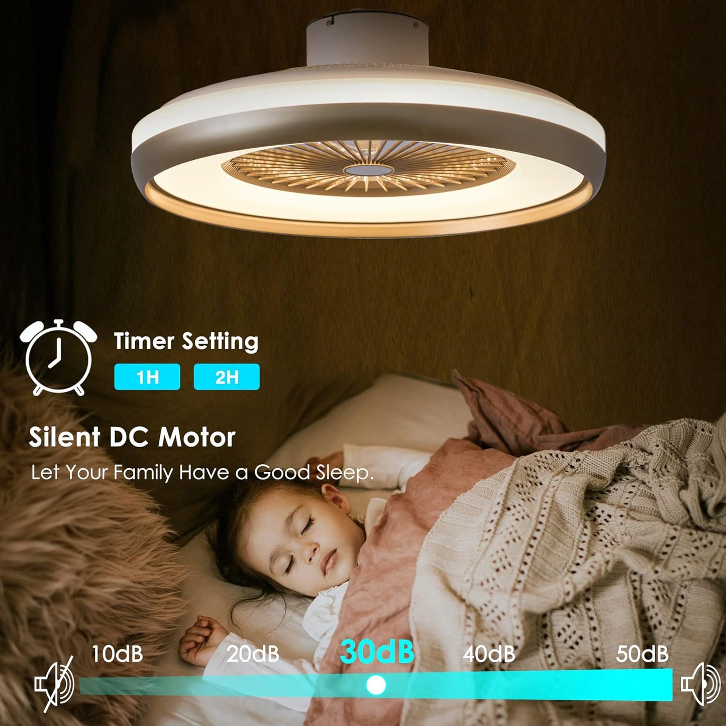 24" Bladeless Ceiling Fan with Light Remote, Smart LED Ceiling Fans with App Control, Modern Low Profile Dimmable Light Ceiling Fan for Bedroom Living Room Gold