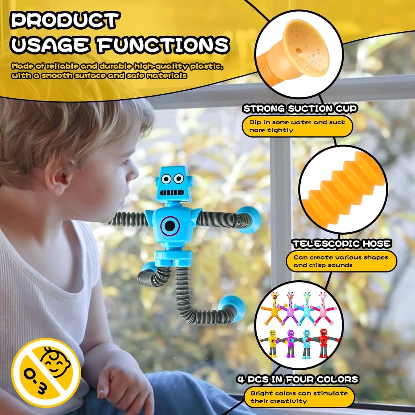 Robot Sensory Travel Toys 4Pcs for Toddlers Kid Boy Year Old Ages 3 4 5 6 7 8 9, Airplane Activities Suction Autism Pop Tube Fidget Toys Autistic Stocking Easter Basket Stuffer Valentine Gift for Kids