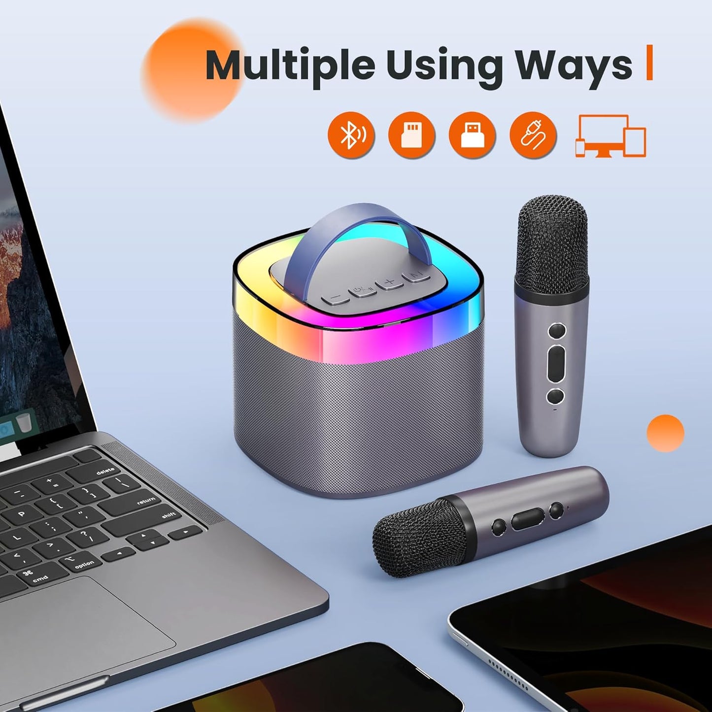 YLL Karaoke Machine for Adults Kids, Portable Bluetooth Karokee Speaker with 2 Wireless Microphones, Singing Karaoke Machine Built-in LED Lights for Birthday Gifts, Family Home Party(Space Gray)