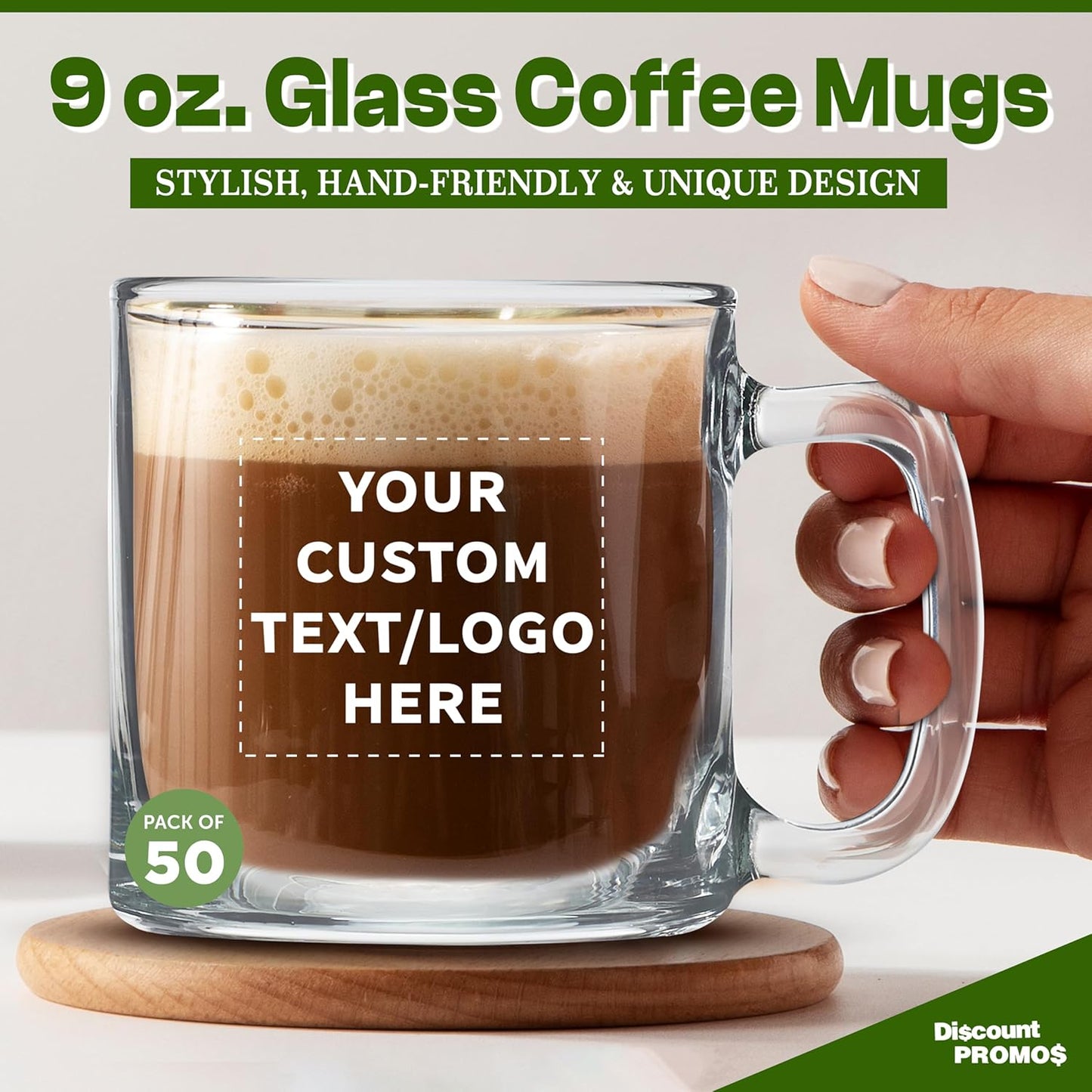 DISCOUNT PTOMOS Custom Small Glass Coffee Mugs 9 oz. Set of 50, Personalized Bulk Pack - Perfect for Coffee, Tea, Espresso, Hot Cocoa, Other Beverages - Clear