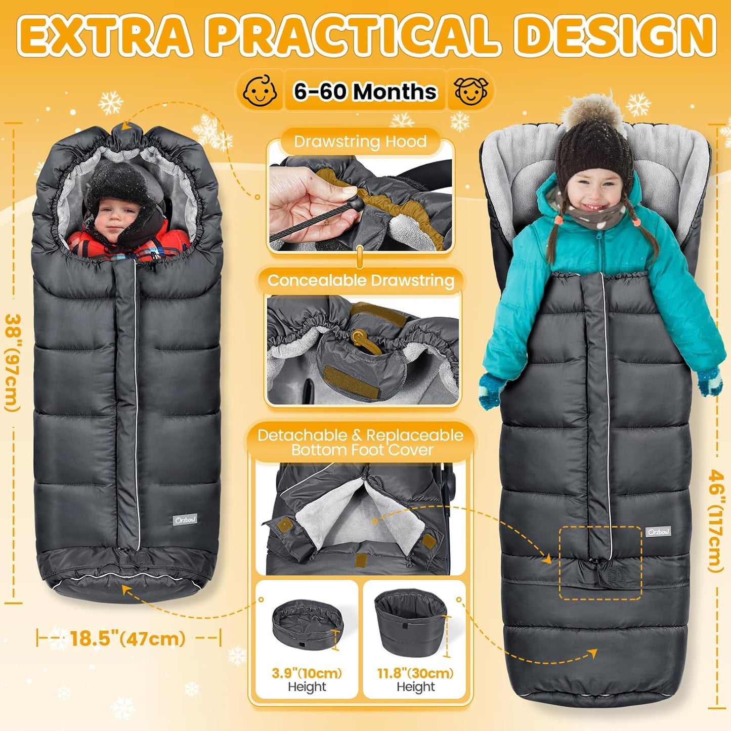 Orzbow Universal Stroller Bunting Bag with Extra Footmuff for Toddler, Kids, Warm Waterproof Stroller Blanket, Winter Cover, Baby Bunting Bag - Protect Babies from Cold Winds, Dark Grey