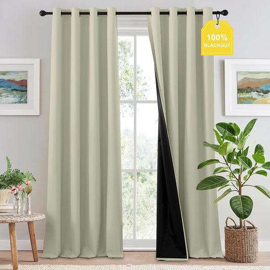 NICETOWN 100% Blackout Curtains 96 inches Long, Grommet Lightweight Easy to Install Portable Blackout Curtains Energy Saving Shades for Living Room/Bedroom, Muted Beige, W52 x L96, 2 Panels
