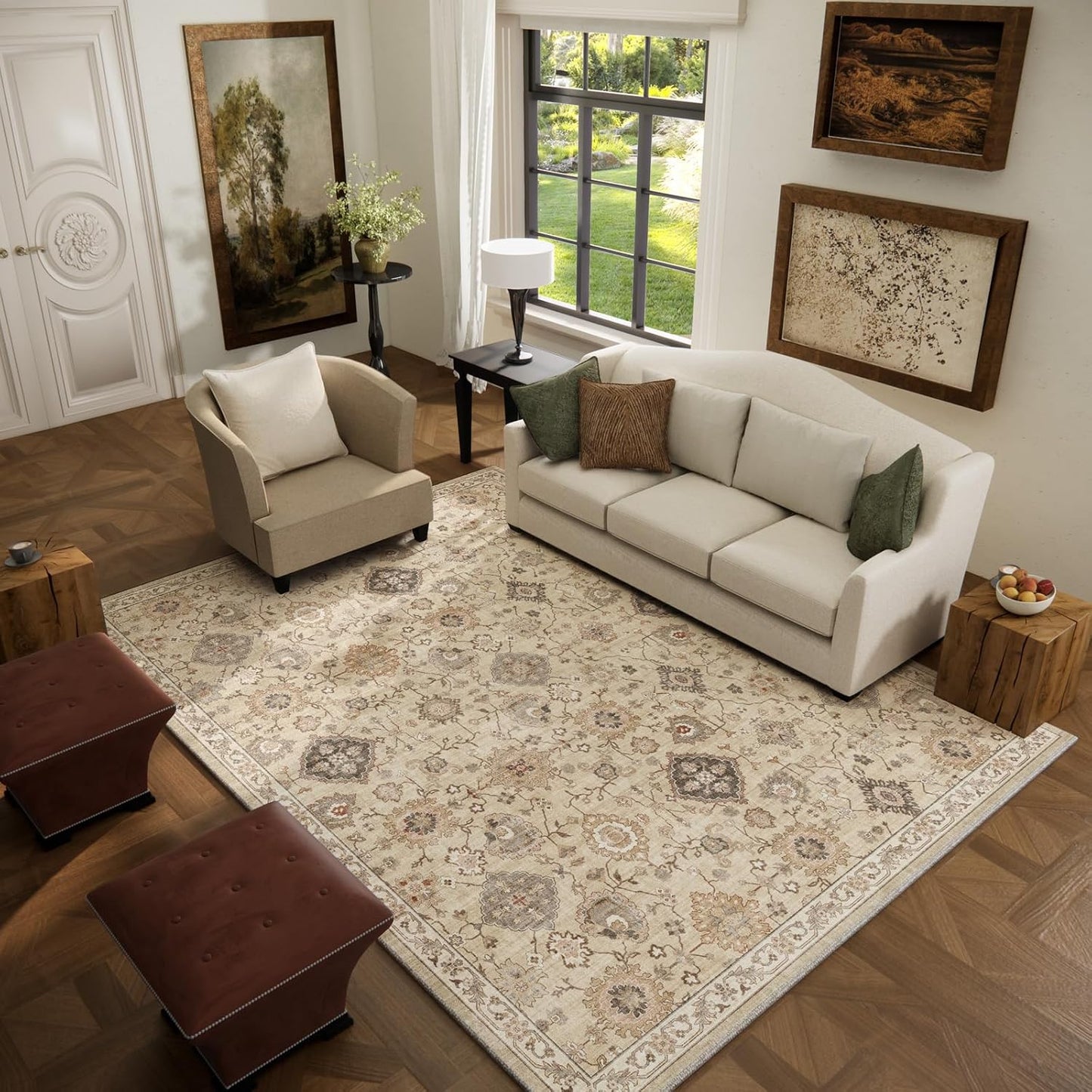 Machine Washable Rug for Living Room: 5x7 Area Rugs Boho Vintage Rug Stain Resistant Non Slip Low Pile Soft Lightweight Carpets for Bedroom Kitchen Dining Room Nursery Kids Room Farmhouse