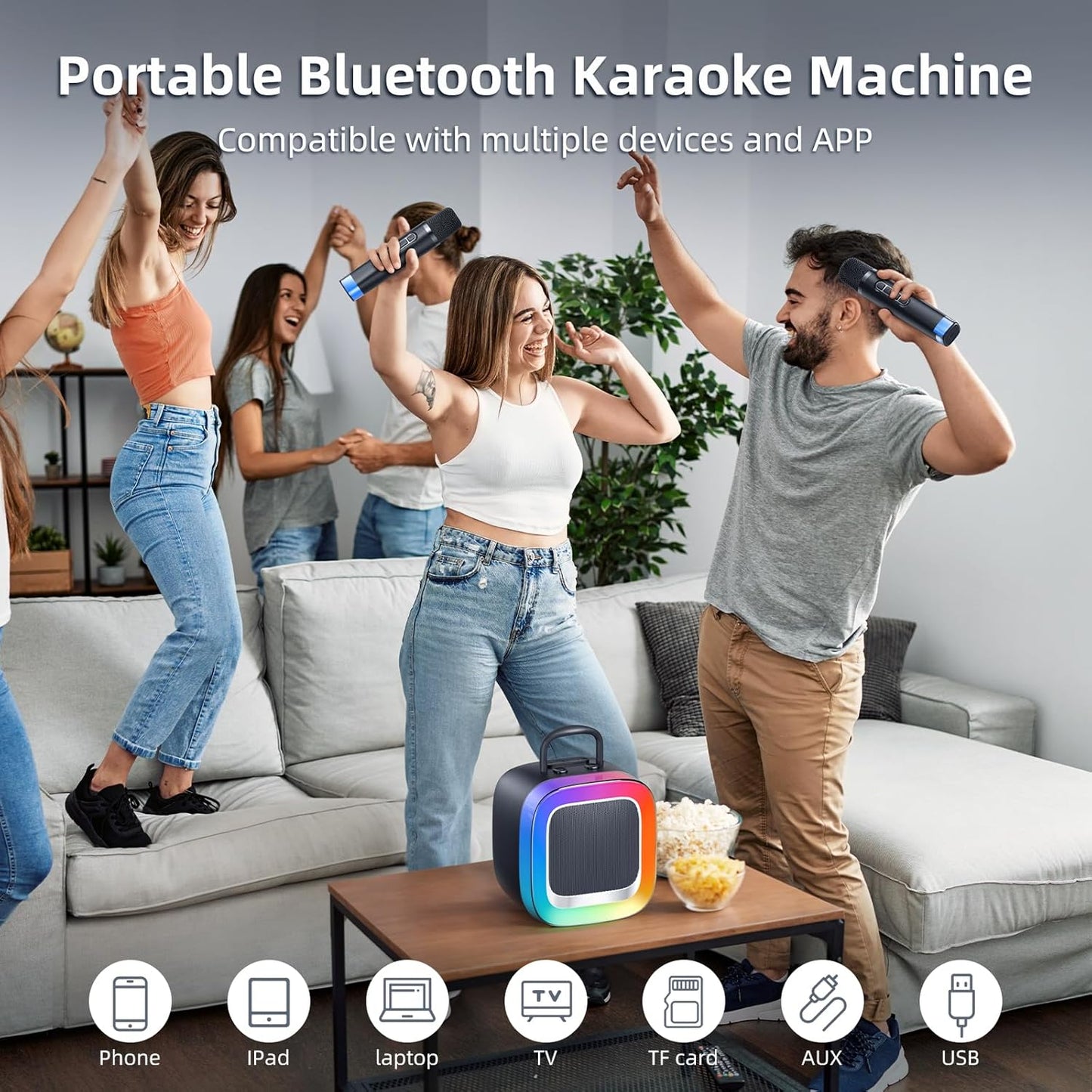 Kinglucky 2025 Upgrade Karaoke Machine, Portable Bluetooth Speaker with 2 Wireless Microphones for Adults & Kids with Lights, Karaoke for All Smartphones, Birthday, Family, Home Party or Gifts (Black)