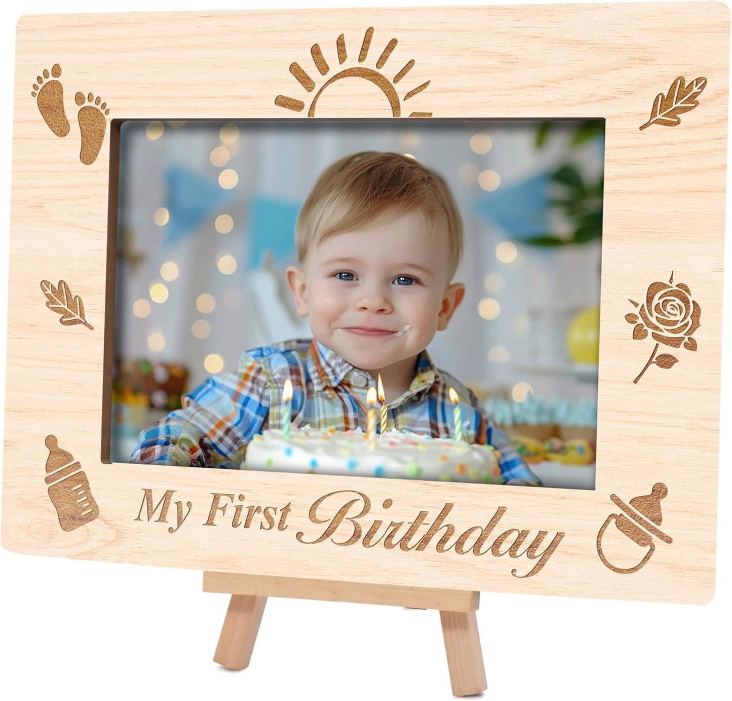 My 1st Birthday Picture Frames, Childhood Milestone Wooden 4x6 Photo Frame with Easel, Baby First Year Birthday Gifts for Home Office Tabletop Display - G08