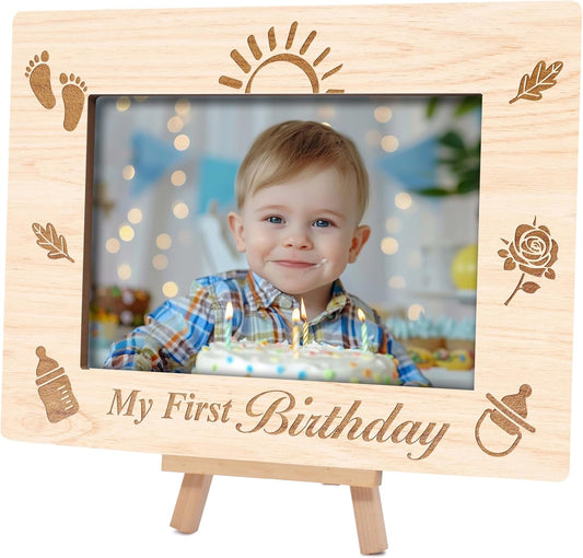 My 1st Birthday Picture Frames, Childhood Milestone Wooden 4x6 Photo Frame with Easel, Baby First Year Birthday Gifts for Home Office Tabletop Display - G08