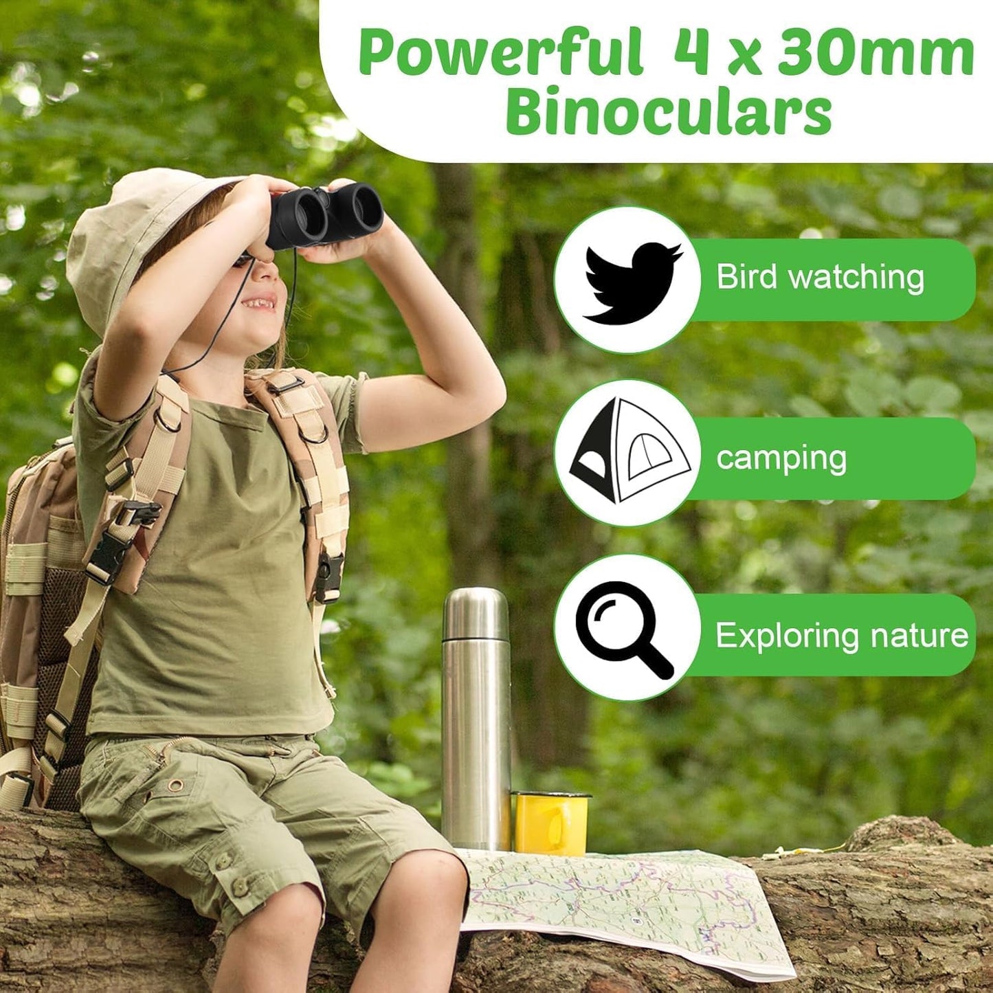 Hiboom 8 Set Kids Binoculars Bulk Shockproof Folding Children Mini Compact Binoculars Compass Magnifying Glass for 3-12 Years Boys Girls Kids Bird Watching Camping Outdoor Play