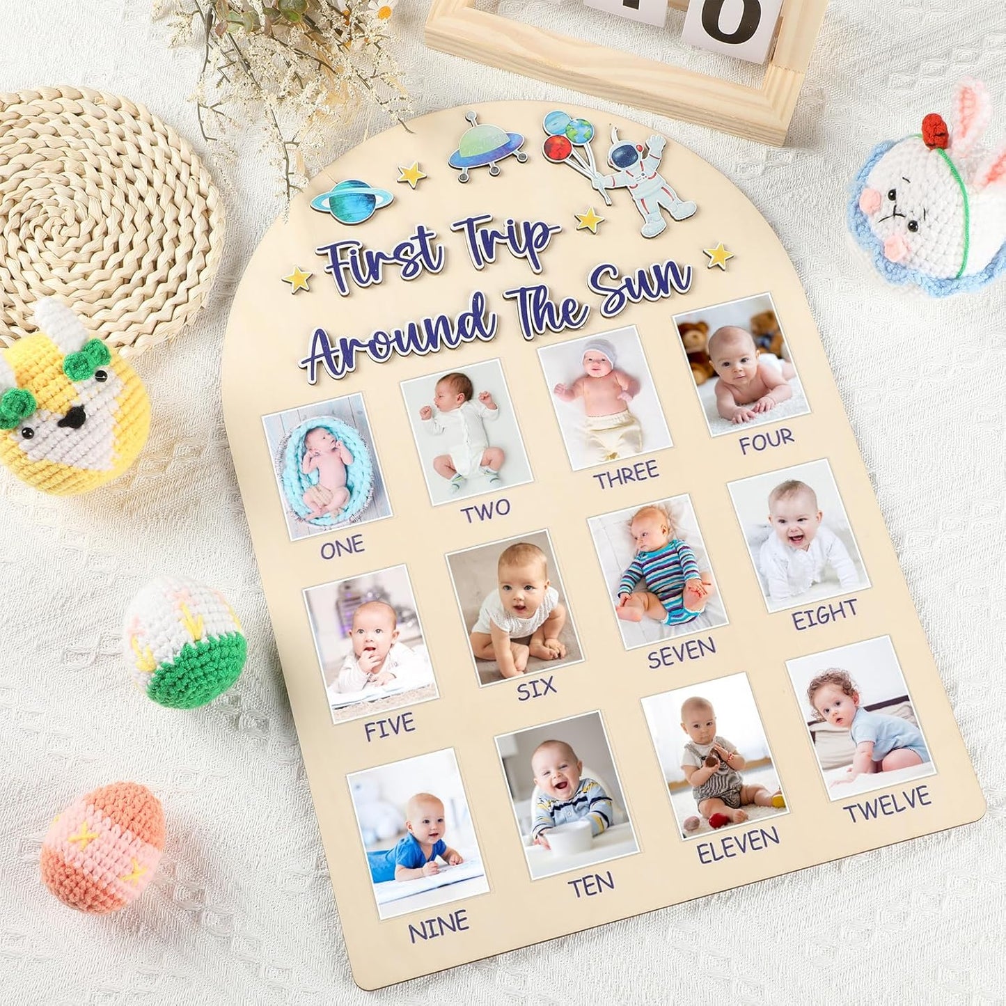 Space First Trip Around The Sun Photo Board One Year Birthday Party Decoration First Year Milestone Photo Board 12 Monthly Picture Frame 1st Birthday Banner for Baby Boy Keepsake Gift Supply 2x2.8In