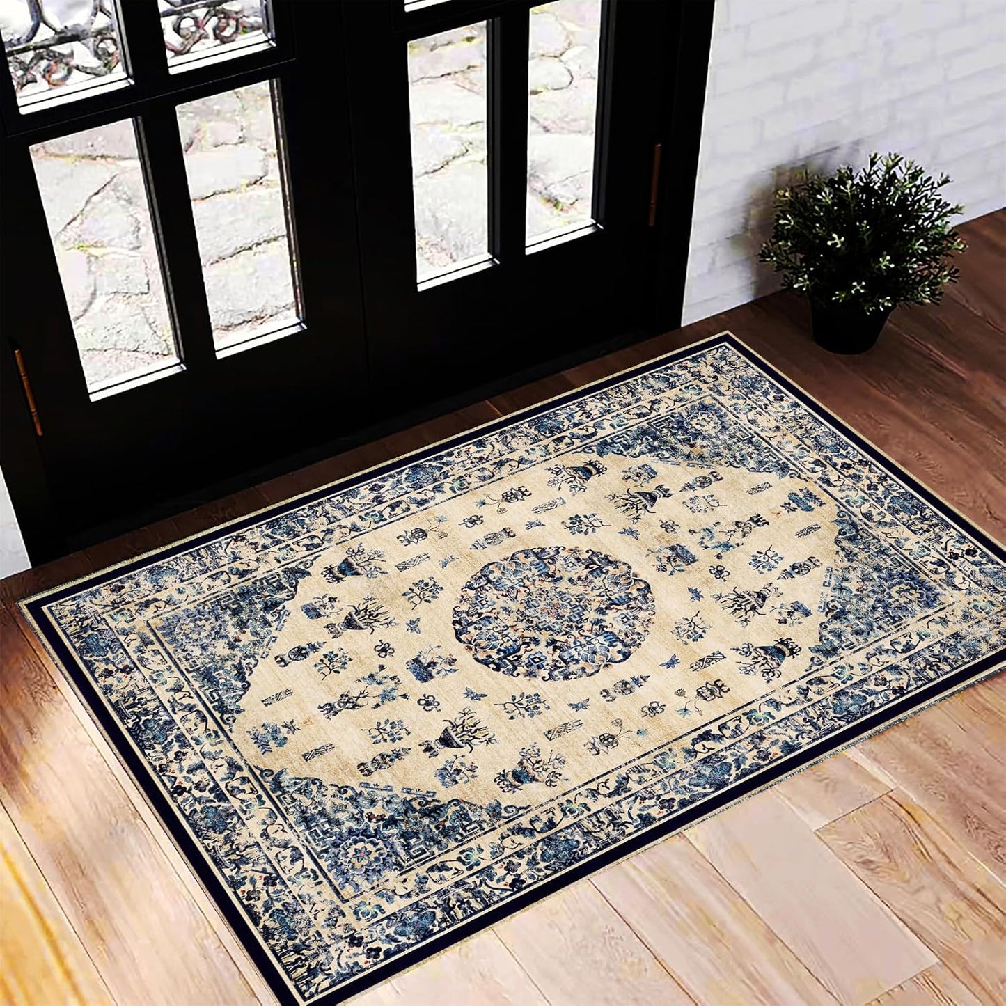 Washable Area Rug 2'x3' Door Mat Vintage Distressed Doormat Indoor Entrance Traditional Thin Rug Floral Print Non Slip Carpet for Kitchen Bathroom Bedroom Living Room