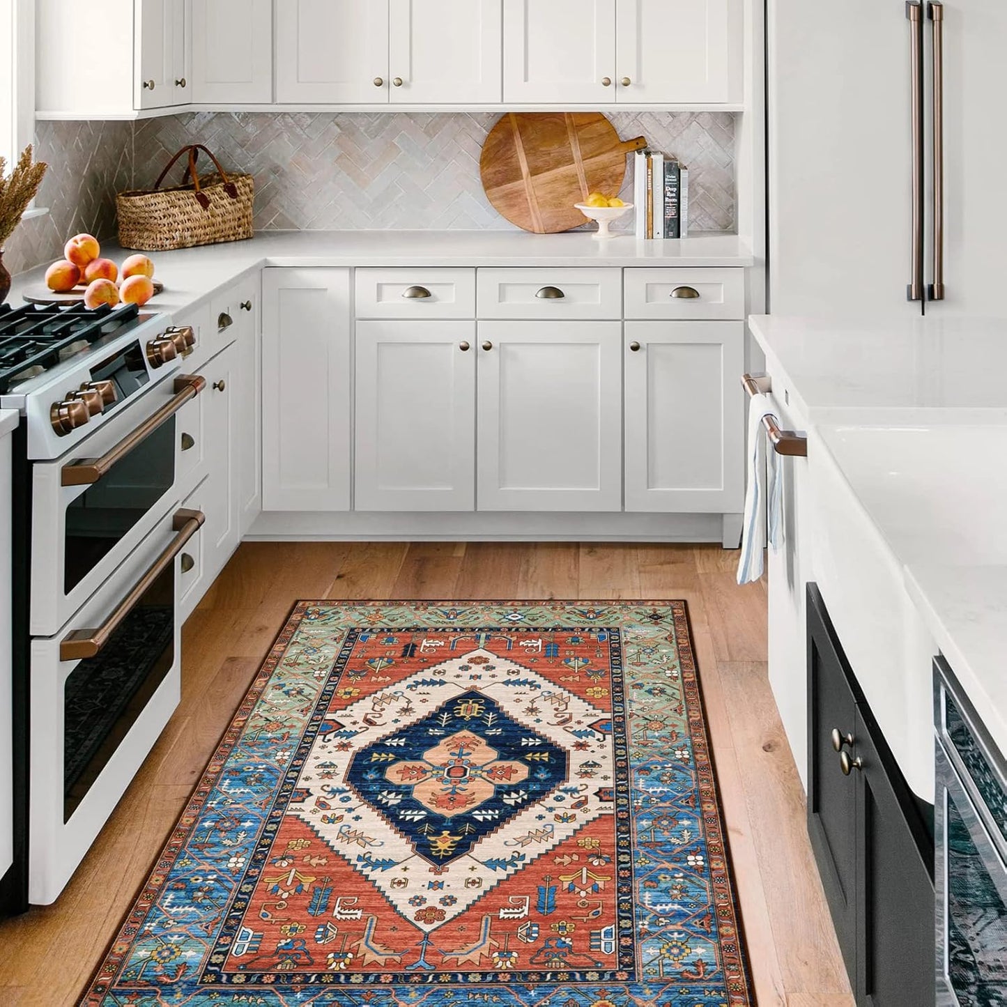 Lahome Boho 3x5 Washable Area Rugs, Small Non-Slip Bedroom Carpet Throw Low-Pile Rugs for Entryway Kitchen, Oriental Distressed Carpet for Bathroom Office Laundry Living Room, Rust