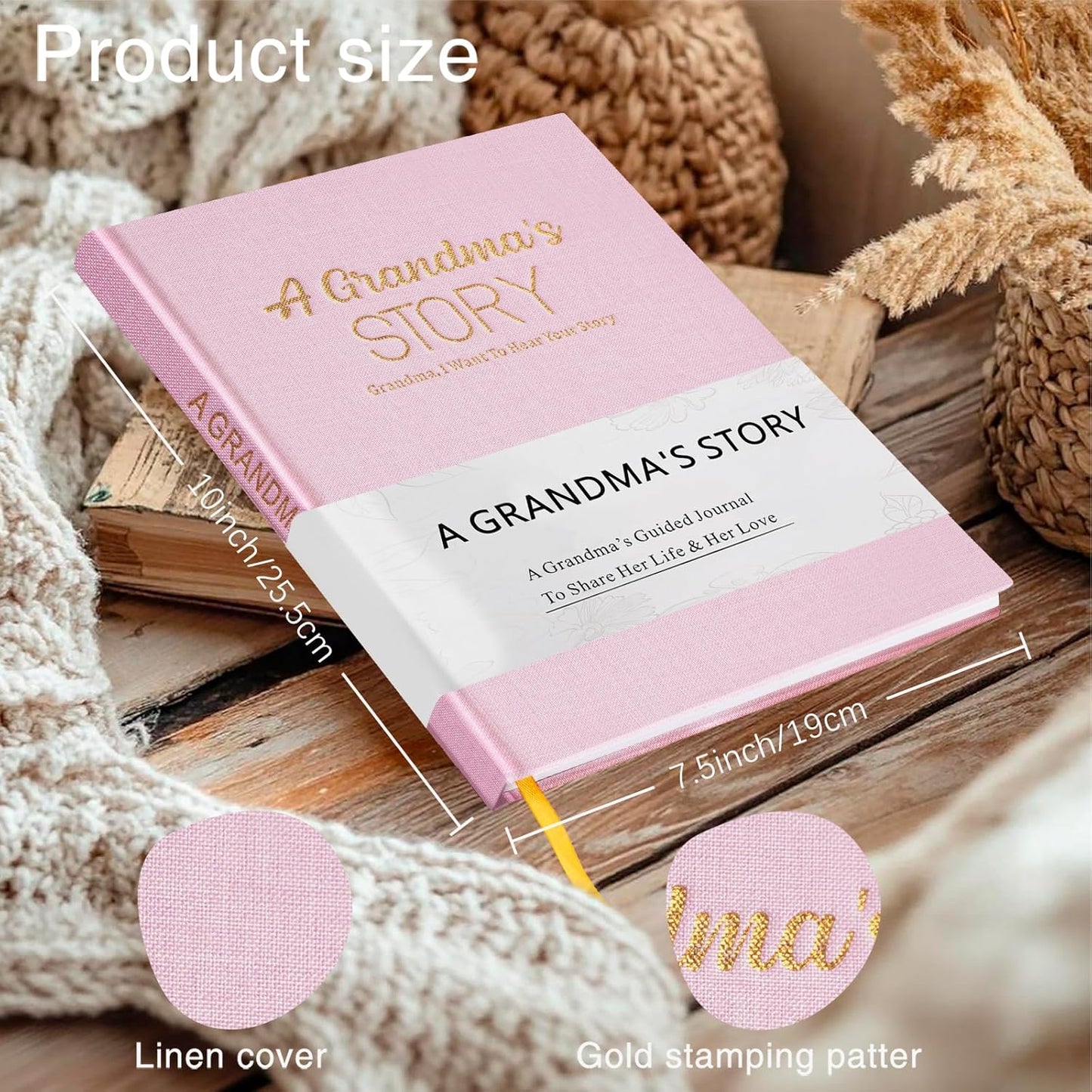 Artmag Grandma's Life Story Journal Family Keepsake Book Linen Hardcover for Grandma to Share Her Memories, with 250+ Prompt Questions Gift for Birthday Mother's Day Christmas (Pink)