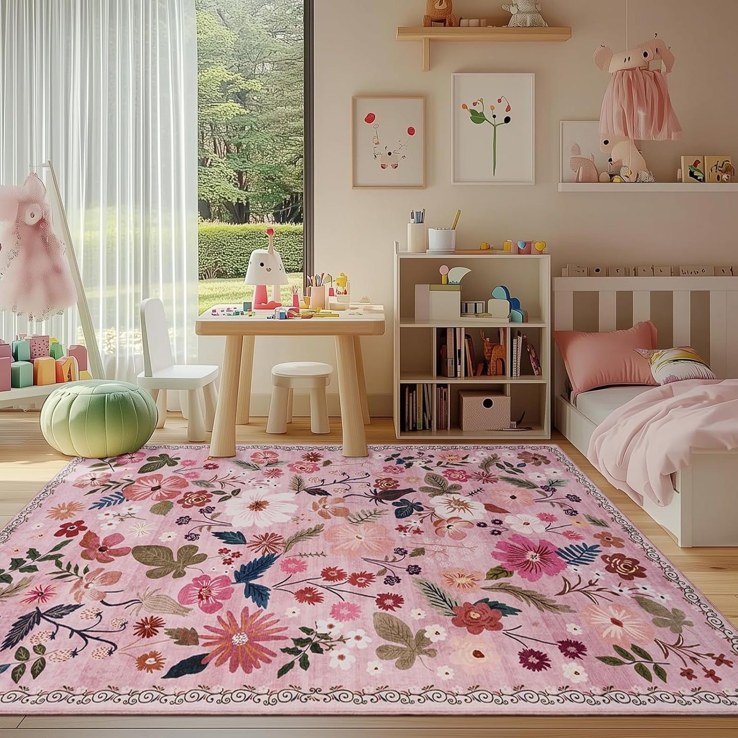 Living Room Rug 6x9 Washable Boho Floral Non Slip Large Aesthetic Pink Area Rugs Vintage Soft Low Pile Stain Resistant Sound Absorbing Big Carpet Rug for Bedroom Dining Room Kids Nursery Girls Dorm