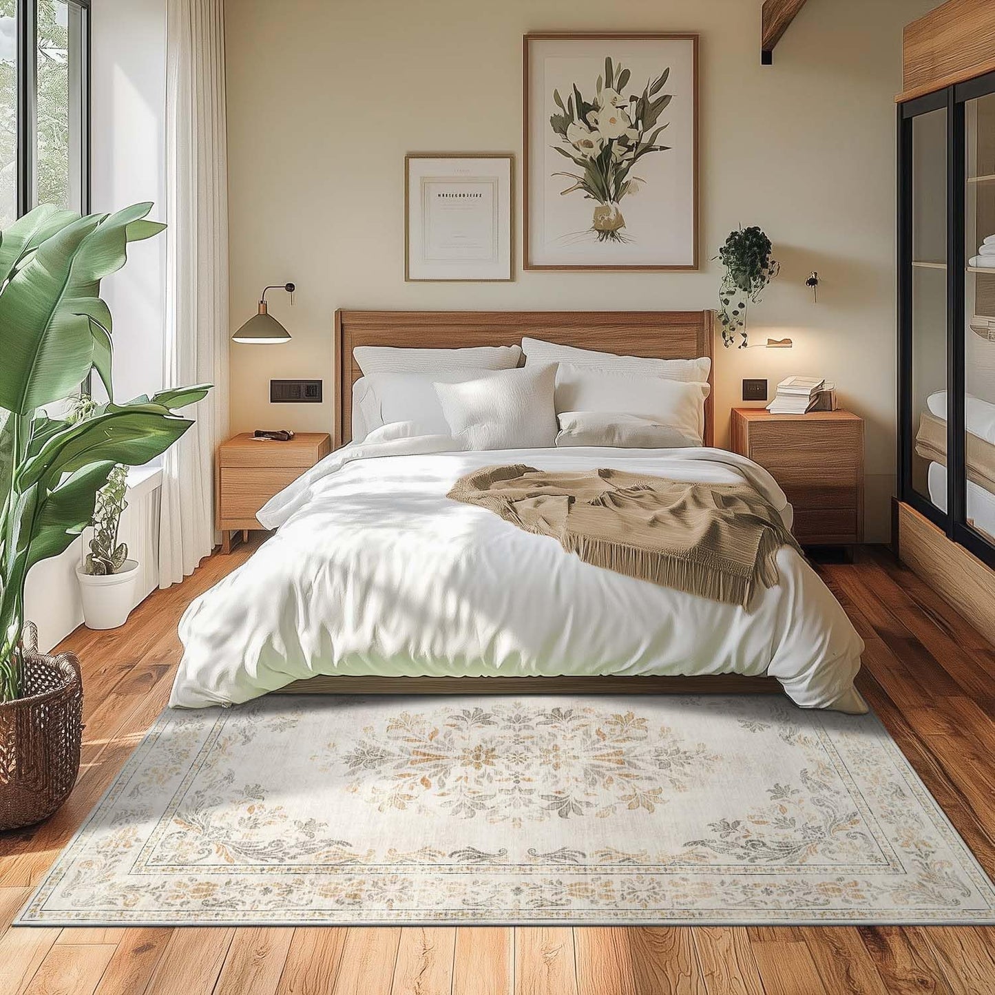 jinchan Vintage Floral 4x6 Area Rugs - Machine Washable Distressed Design Soft Ultra-Thin Low-Pile Non-Slip Carpet for Entryway Kitchen Bedroom Nursery Living Room Dining Room (4x6ft,Light Grey)