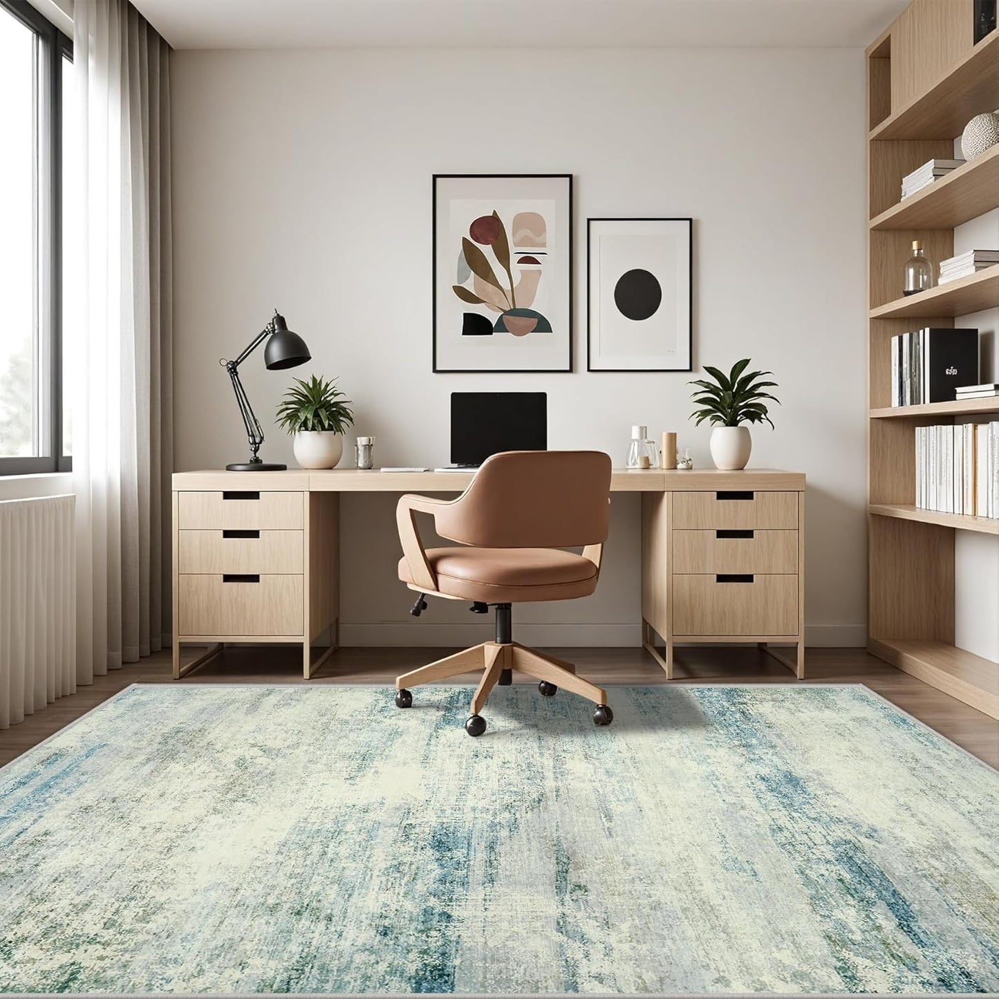 Washable Rug 6x9 Area Rugs, Abstract Large Living Room Rugs with Non-Slip Backing, Thin Carpet for Dorm Dining Room Table Nursery Indoor Home Office -Blue/Gray