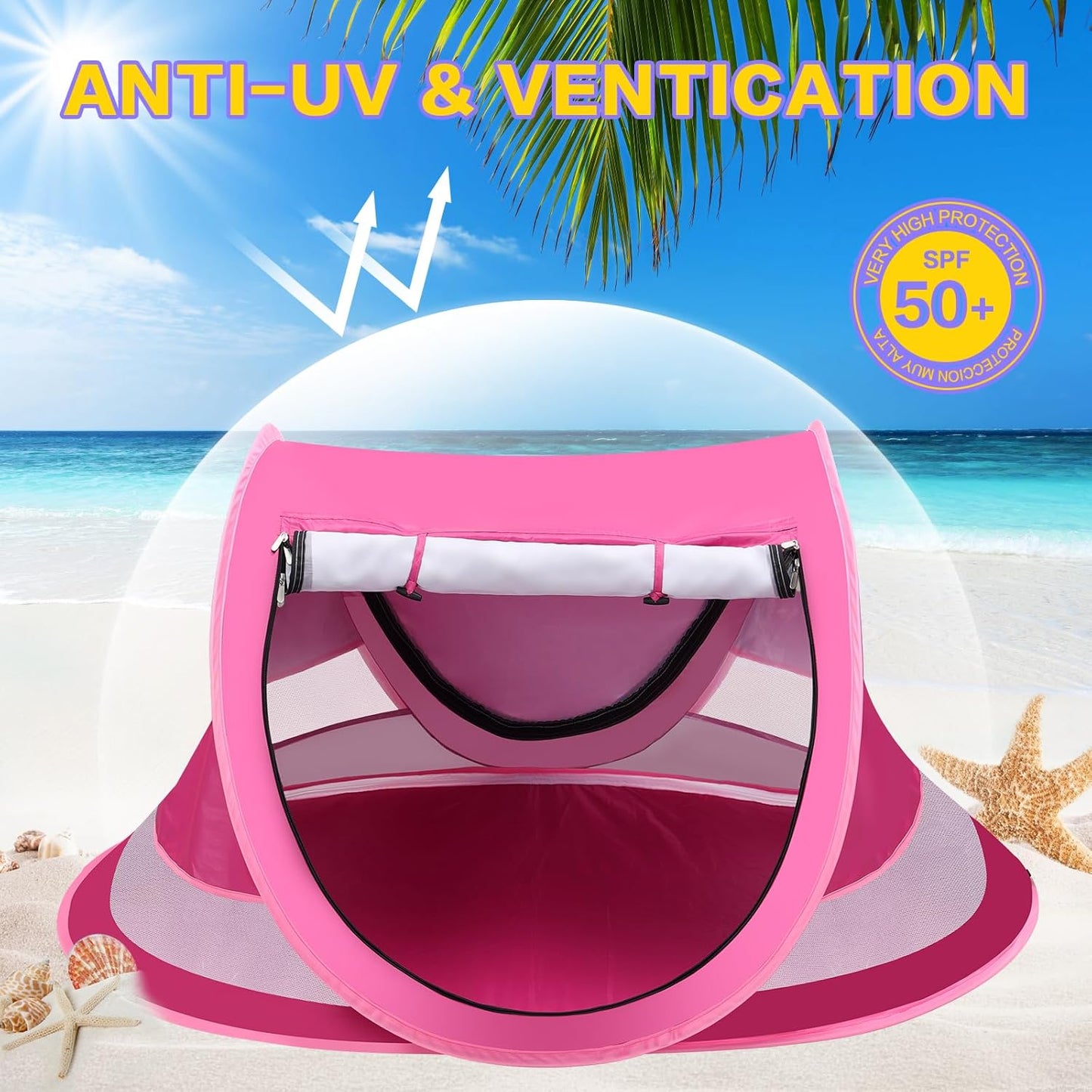 Baby Beach Tent with Baby Hat, Pop Up Toddler Travel Bed with Sun Hat for Boys or Girls, Sun Shade for Toddler Camping, Infant Portable Sun Shade, Summer Beach Baby