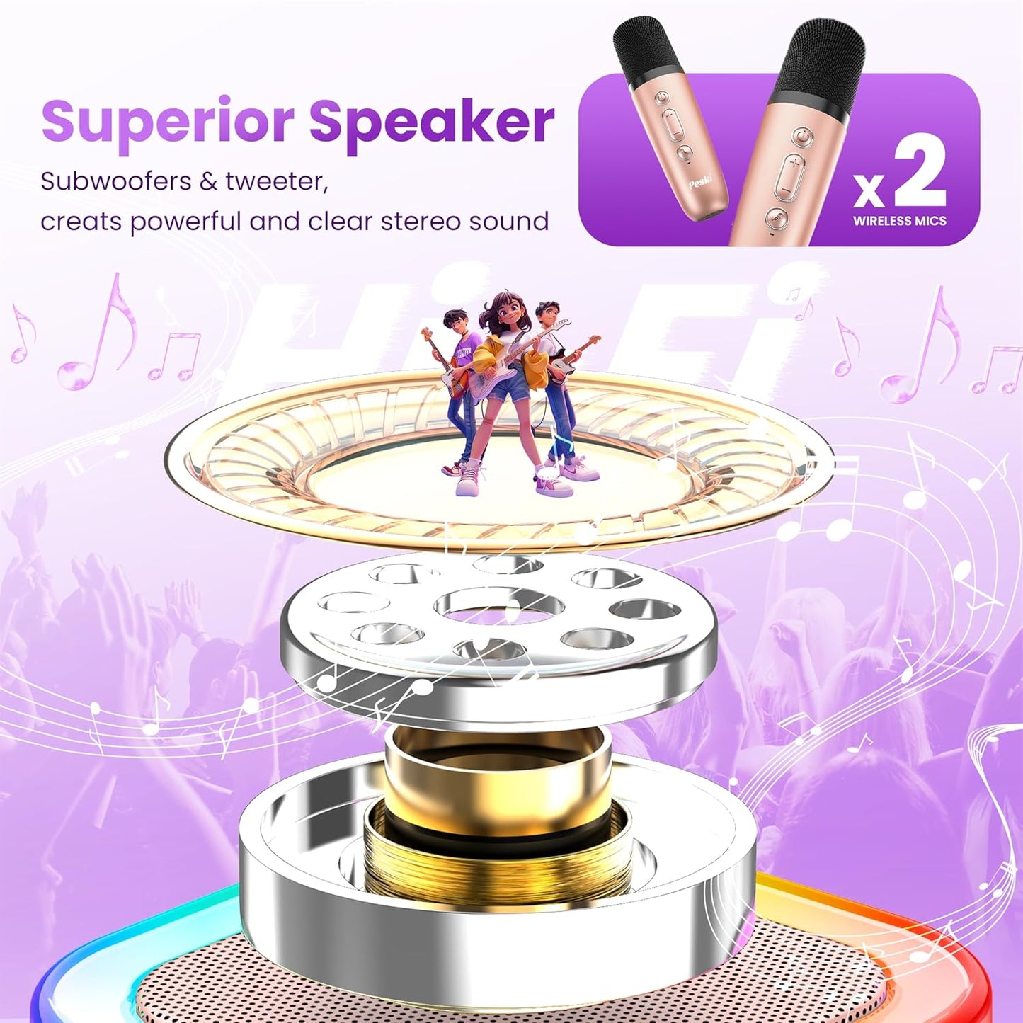 Peski Karaoke Machine for Kids Adults, Portable Bluetooth Mini Karaoke Microphone Singing Speaker Karaoke Player with 2 Wireless Mic, Birthday Gifts for Girls Boys Family Home Party(Rose Gold)
