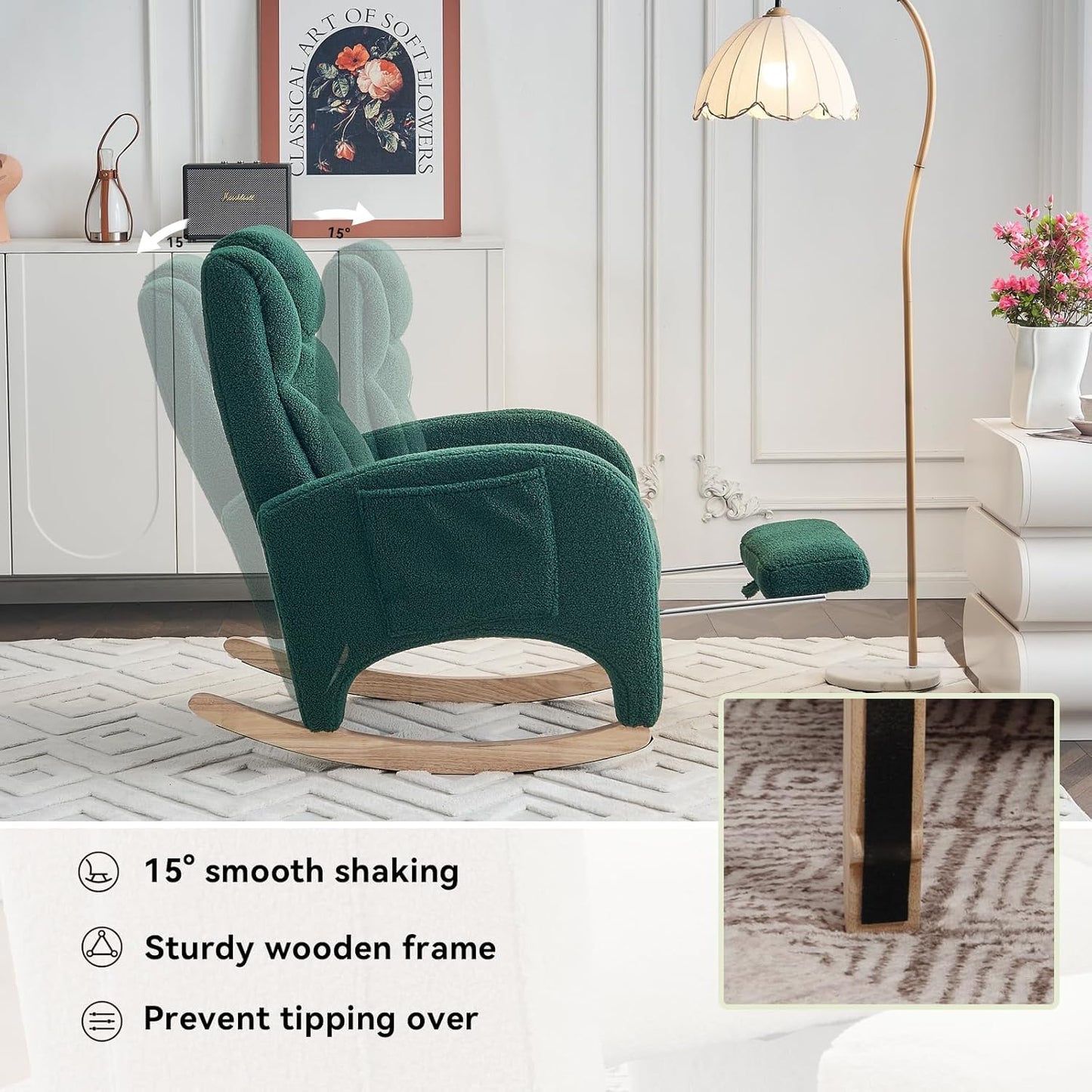 Rocking Chair Nursery, Modern Glider Chair with Adjustable Footrest and Solid Wood Legs, High Backrest Nursery Chair with Side Pocket, Rocker Armchair for Living Room Bedroom, Teddy Green