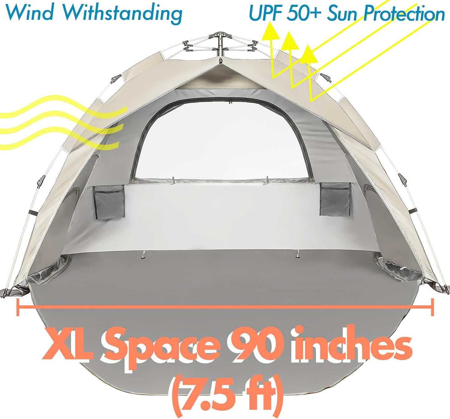 Beach Tent Pop Up Beach Sun Shade Tent with UPF 50+ UV Protection, Removable Floor Zippered Privacy & Ventilation Sun Shelter Family 3 to 4 Person