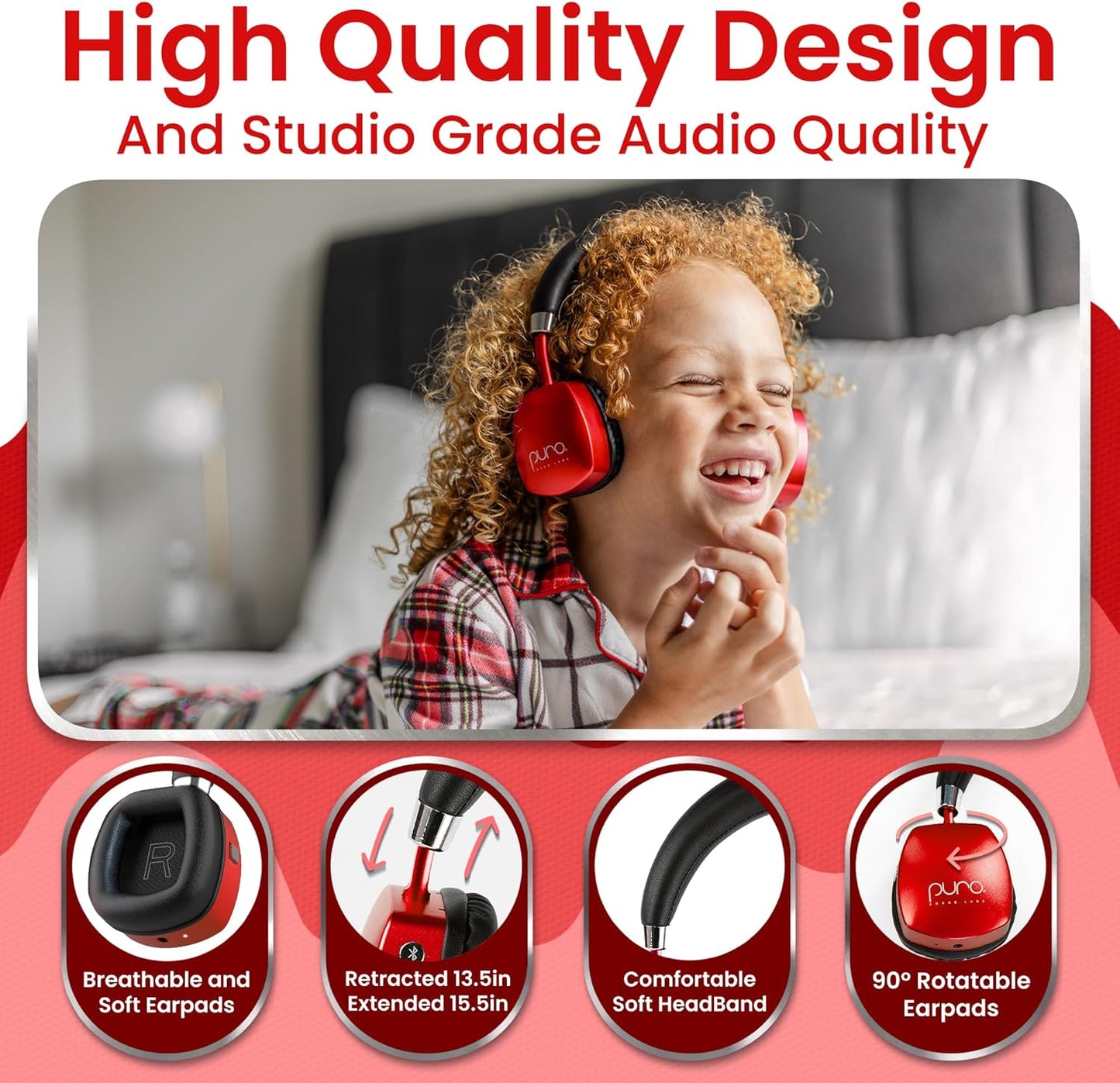 Puro Sound Labs PuroQuiet Plus Kids Noise Cancelling Headphones, Bluetooth Kids On Ear Headphones with Mic, Lightweight On-Ear Design, Studio-Grade Sound (Red)