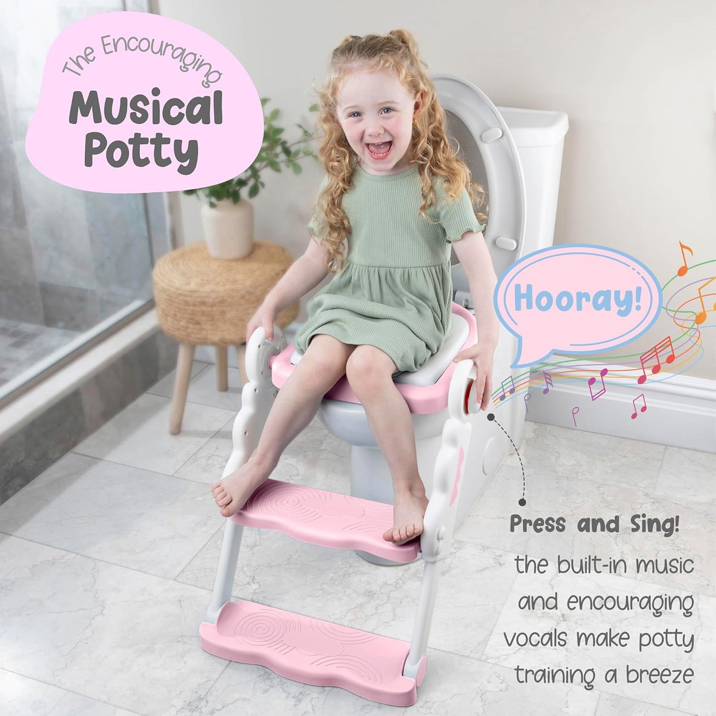 Musical & Sound Toddler Potty Training Seat w/Step Stool Ladder - Collapsible & Adjustable Toilet, Pre Assembled Toddler Toilet Seat w/Music & Sounds - Splash Guard & Anti-Slip Steps - Pink