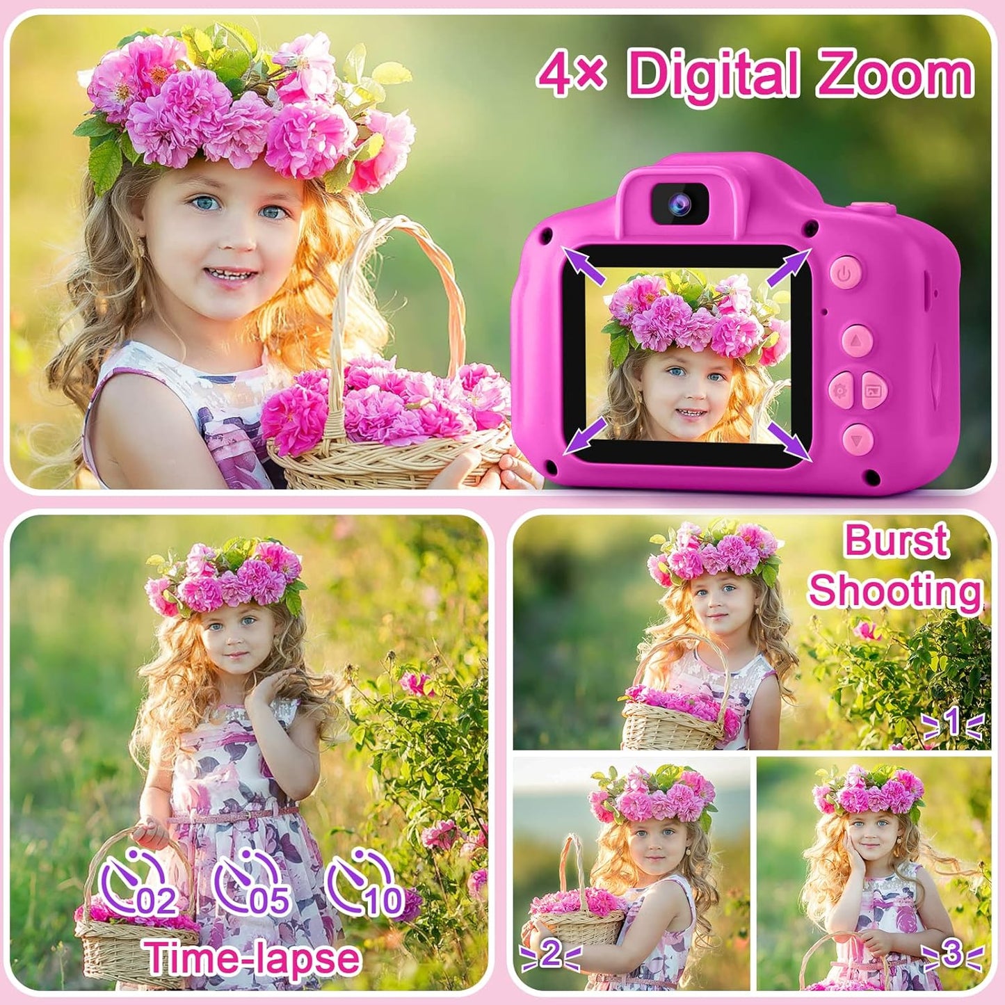 GKTZ Toys for Girls Age 3-8, Kids Camera Digital Video Toddler Camera Children Camcorder Birthday Gifts for 3 4 5 6 7 8 Year Old Girls with 32GB SD Card