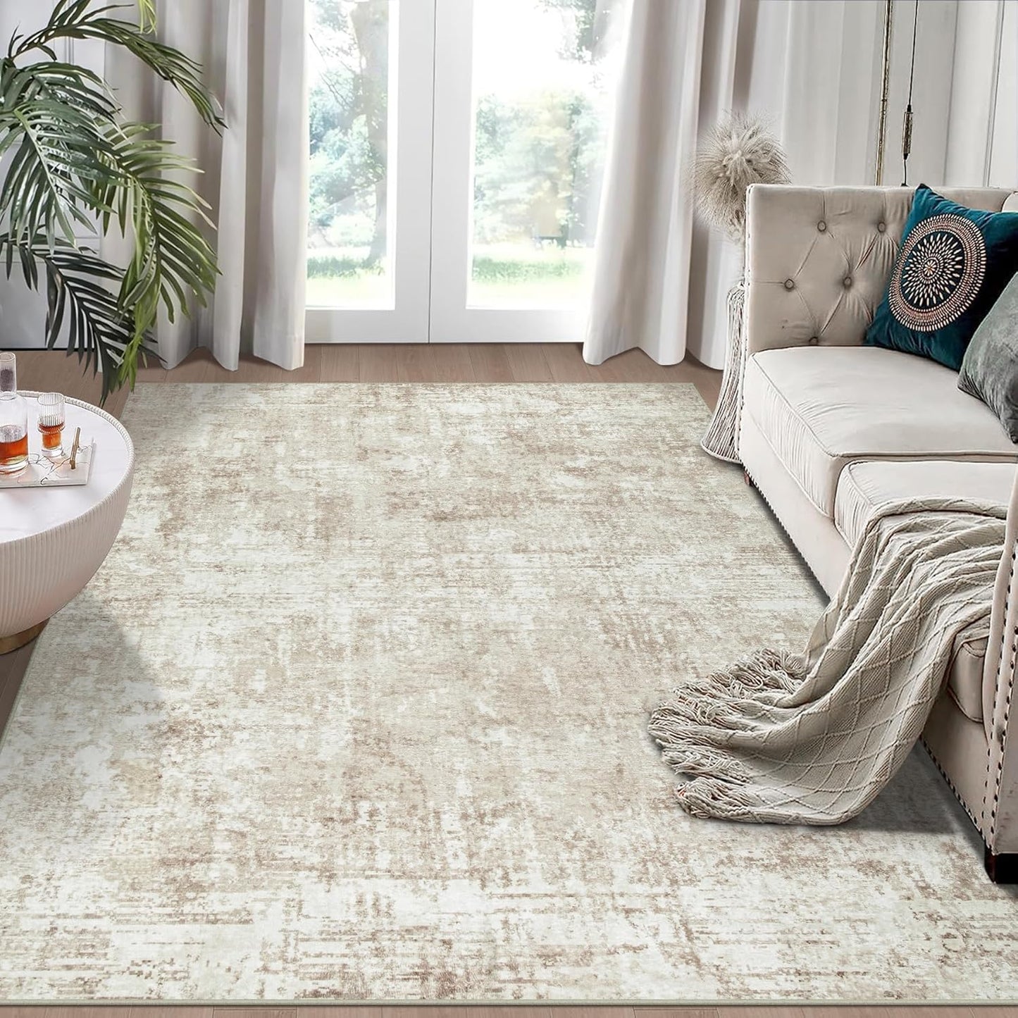 6x9 Area Rugs for Living Room Rug Washable: Modern Rug for Dining Room Bedroom Carpet Non Slip Low Pile 6 by 9 Indoor Abstract Nursery Home Office Beige