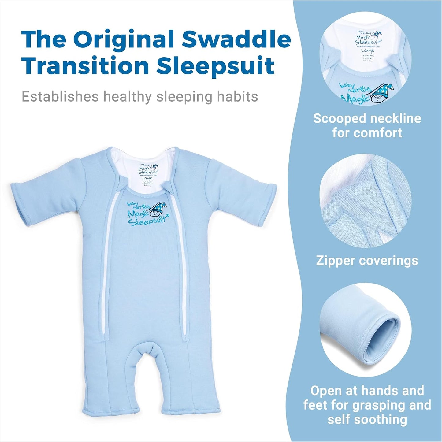 Magic Sleepsuit Baby Merlin's Bamboo/Cotton Baby Swaddle Transition Product - Soft and Cozy Design, Double Zipper for Easy Diaper Changes, Promotes Safe Sleep, 3-6 Months - Blue - Small 12-18lbs