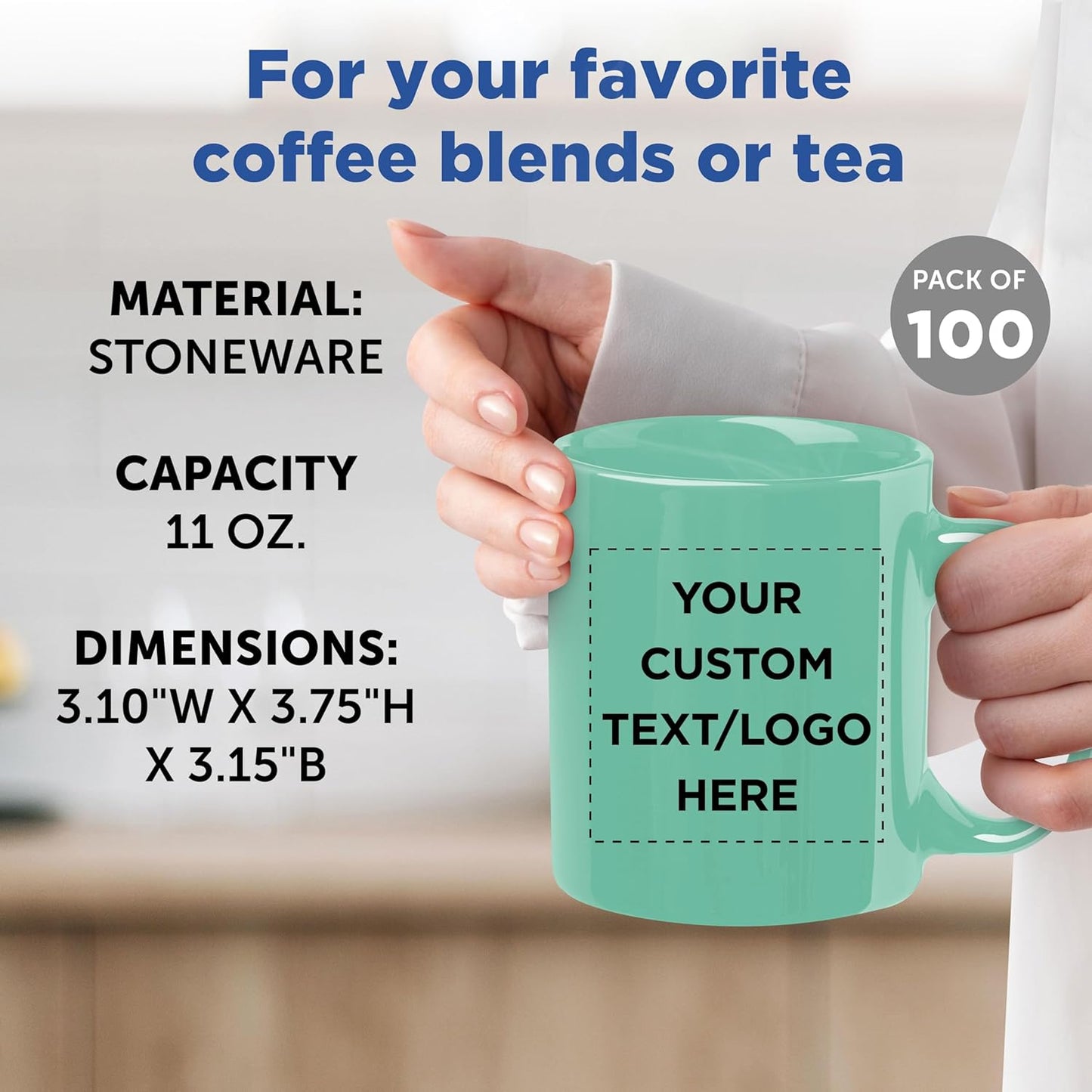 Custom Ceramic Coffee Mugs 11 oz. Set of 100, Personalized Bulk Pack - Coffee cup set, Iced coffee cup, Gaming mug - Teal