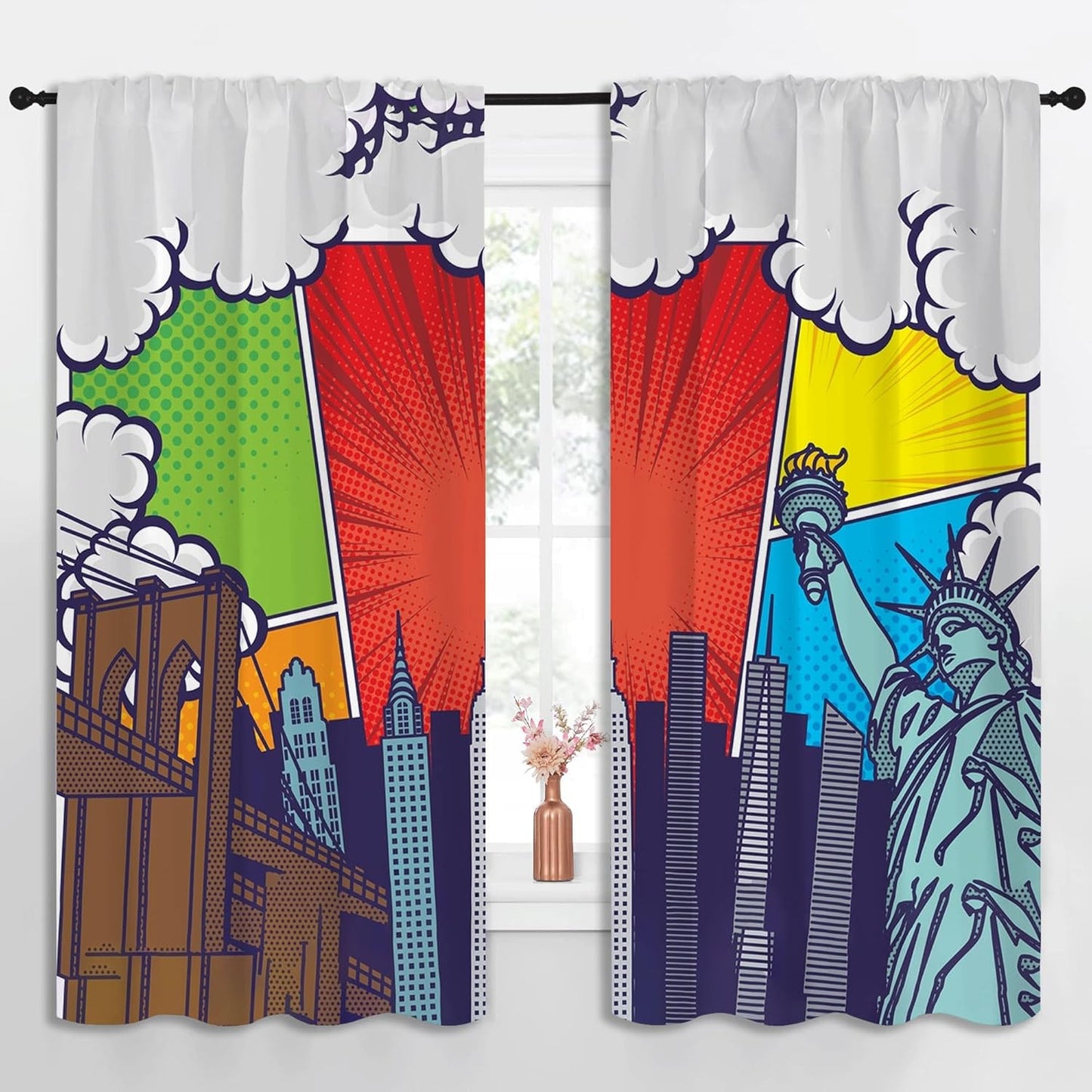 City Rod Pocket Blackout Curtains for Boy Girl Bedroom, Pop Art Style New York Cityscape Thermal Insulated Home Window Drapes for Living Room Darkening, 55x63 inch