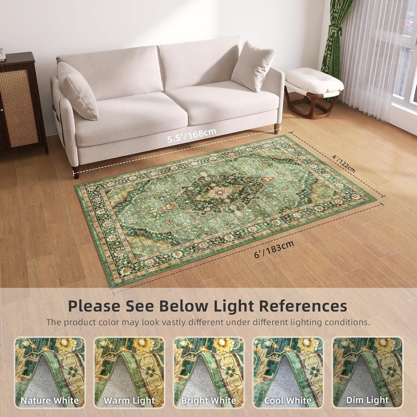 Green Rugs for Living Room - Boho 4x6 Area Rug Ultra Soft Vintage Rugs for Bedroom Playroom Decor, Low Pile Non-Slip Backing Throw Rugs Washable (Border Green