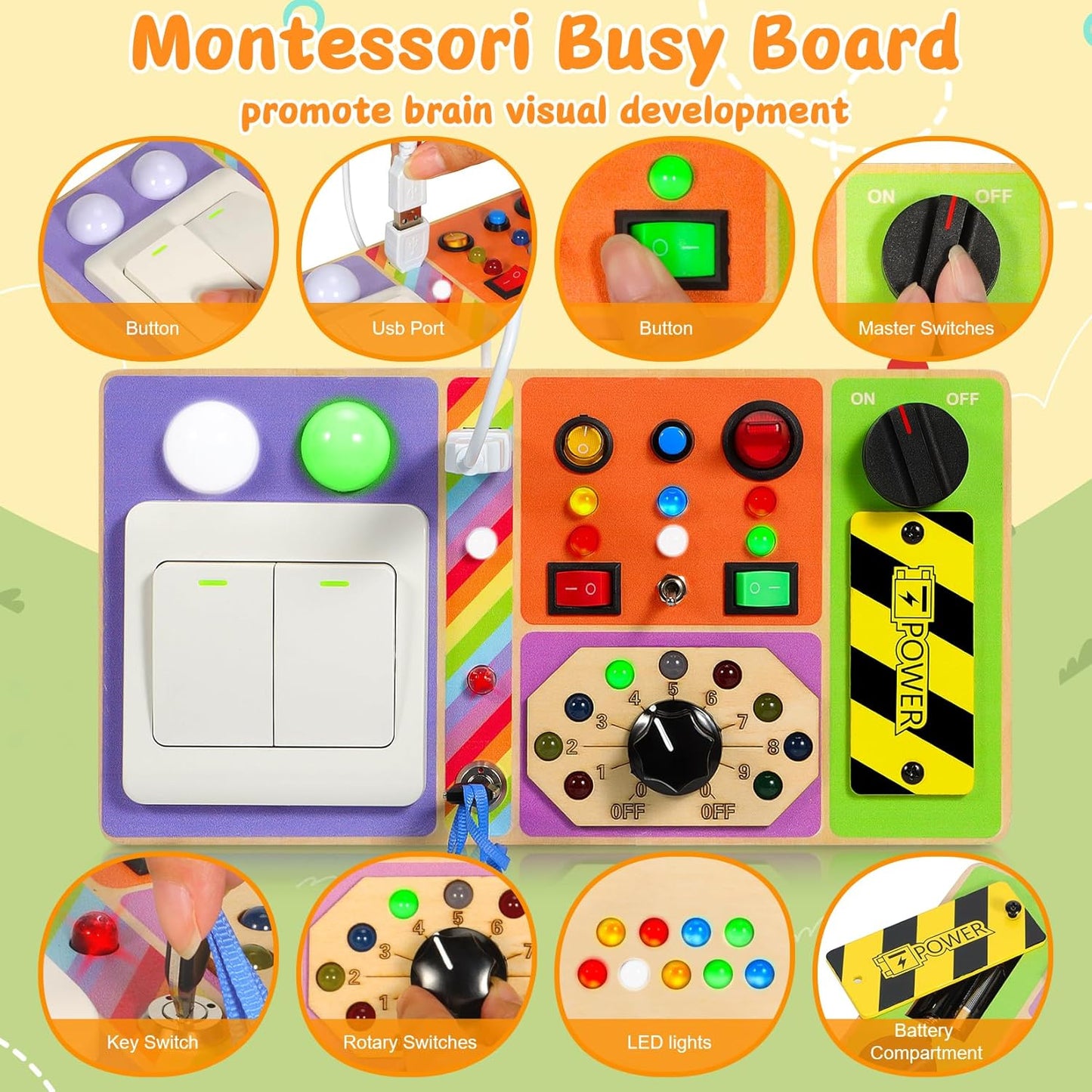 Busy Board Montessori Toys Wooden Sensory Board with 19 LED Light, Switch, Button Travel Activity Educational Learning Toddler Toys for 1-3 Year Old Boy and Girl