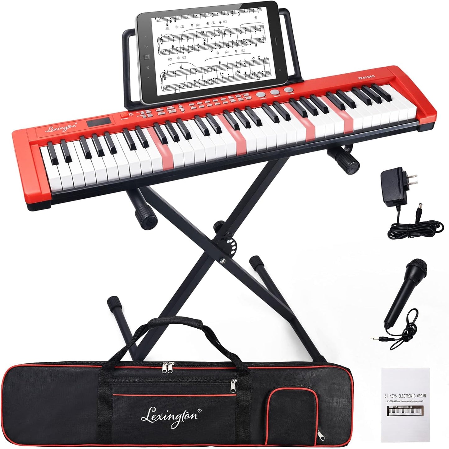 Lexington 61 Key Keyboard Piano, Complete Electronic Piano Keyboard Set for Beginners Adults, Portable Music Keyboard with Lighted Keys, Teaching Modes, Stand, Case, Microphone (61-Key Red)
