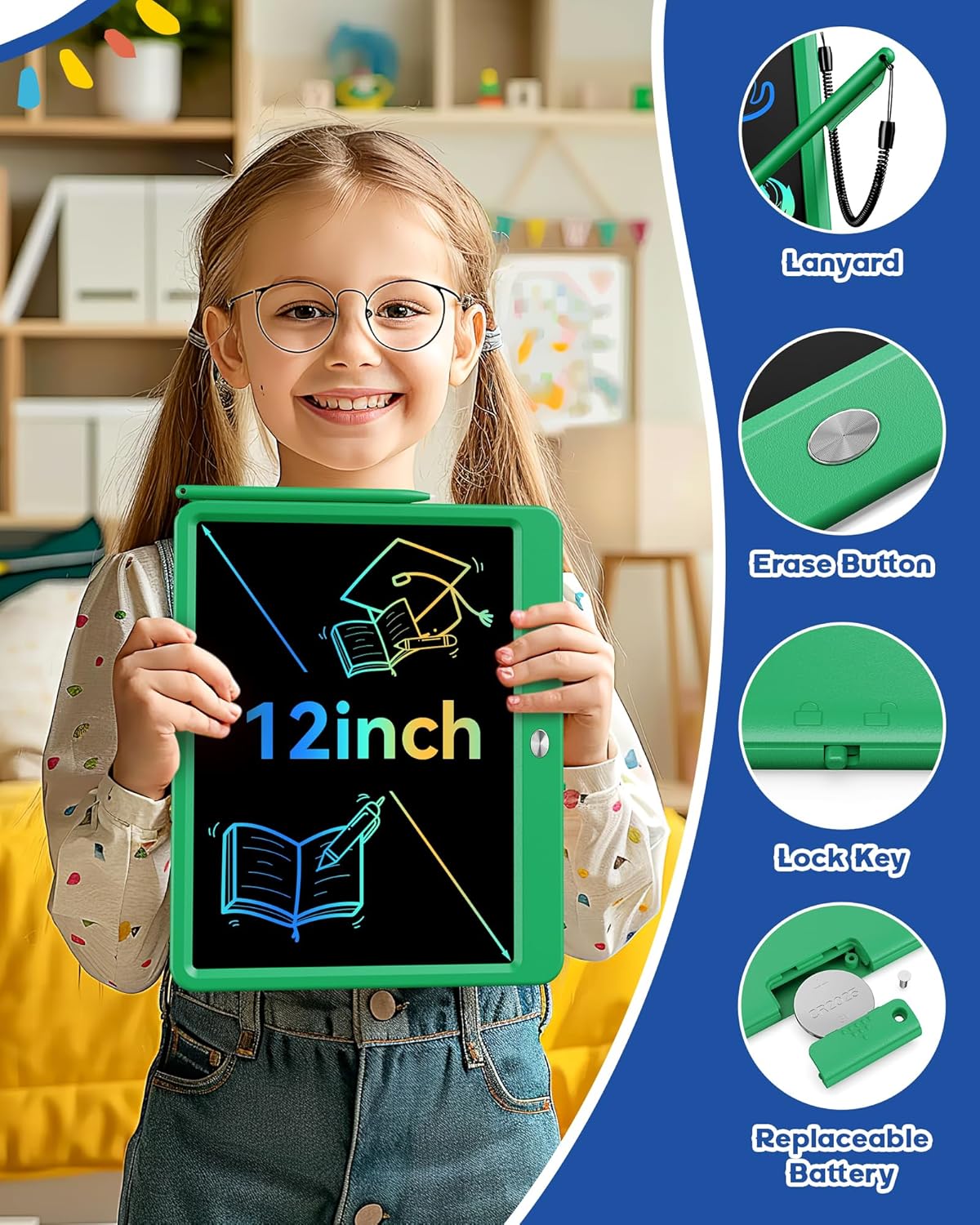 Bravokids 12 Inch LCD Writing Tablet for 3 Year Olds - Electronic Drawing Pad and Doodle Board as Educational Birthday Gifts for Girls and Boys (Green)