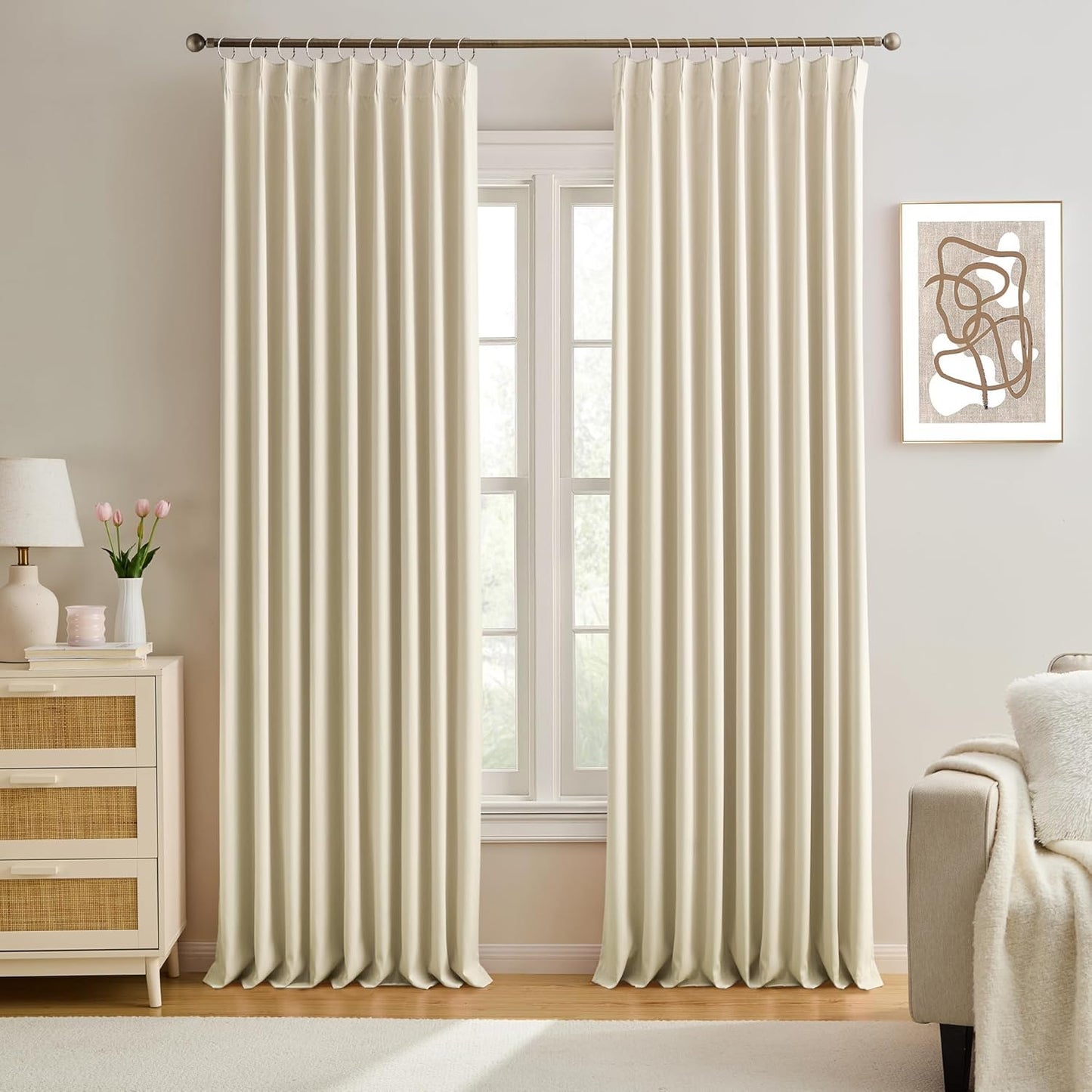 KEQIAOSUOCAI Pinch Pleat Blackout Curtains Pair with Hooks,60 Inch Wide Pleated Large Window Drapes for Office at Home Bedroom Sliding Glass Patio Doors Inside W60 xL90, Cream Beige