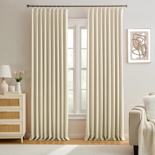 KEQIAOSUOCAI Pleated Room Darkening Privacy Curtains for Windows 102 inch Length - Solid Pinch Pleats Light Reducing Panels for Bedroom Living Room (Cream Beige, 60x102, 2 Panels = 120" Wide)