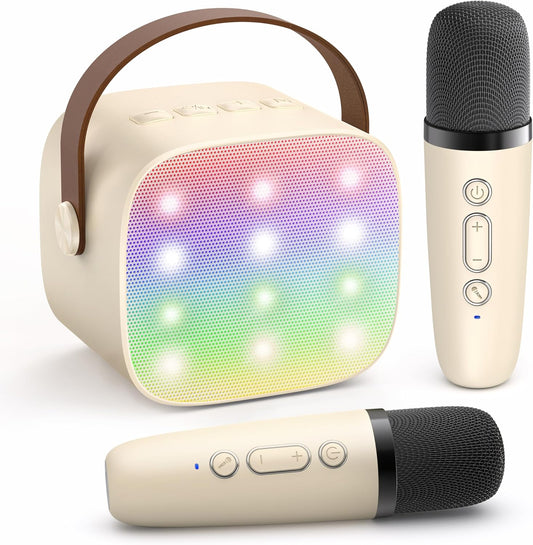 YLL Mini Karaoke Machine with 2 Wireless Microphones for Kids Adults, Portable Bluetooth Speaker Gift for Girls Toys 4, 5, 6, 7, 8, 10, 12+ Years Old Teens Birthday(Beige)