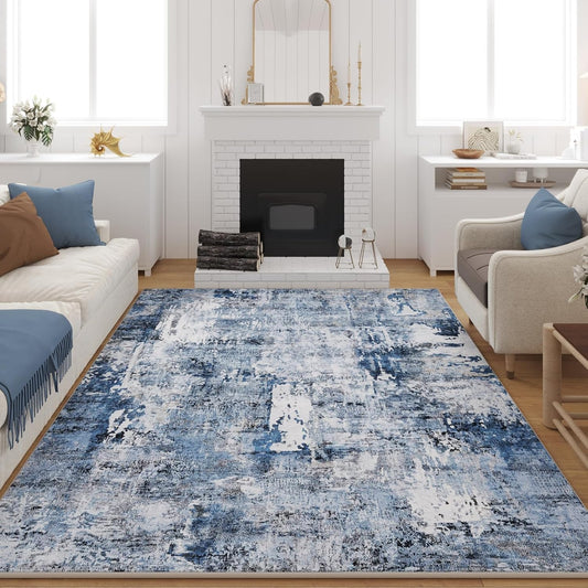 9x12 Rug Washable Boho Rug Soft Large Area Rug Non-Slip Non-Shedding Faux Wool Vintage Rug for Living Room, Farmhouse, Dining Room, Indoor, Kids Playroom, Blue