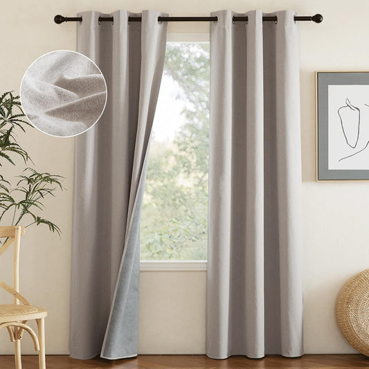 NICETOWN Natural Full Blackout Boho-Chic Faux Linen Curtains 84" Long 2 Panels Set for Cafe Window, 42" Wide, Thick Faux Linen Blend Drapes, Insulated Window Covers Draperies with White Backing