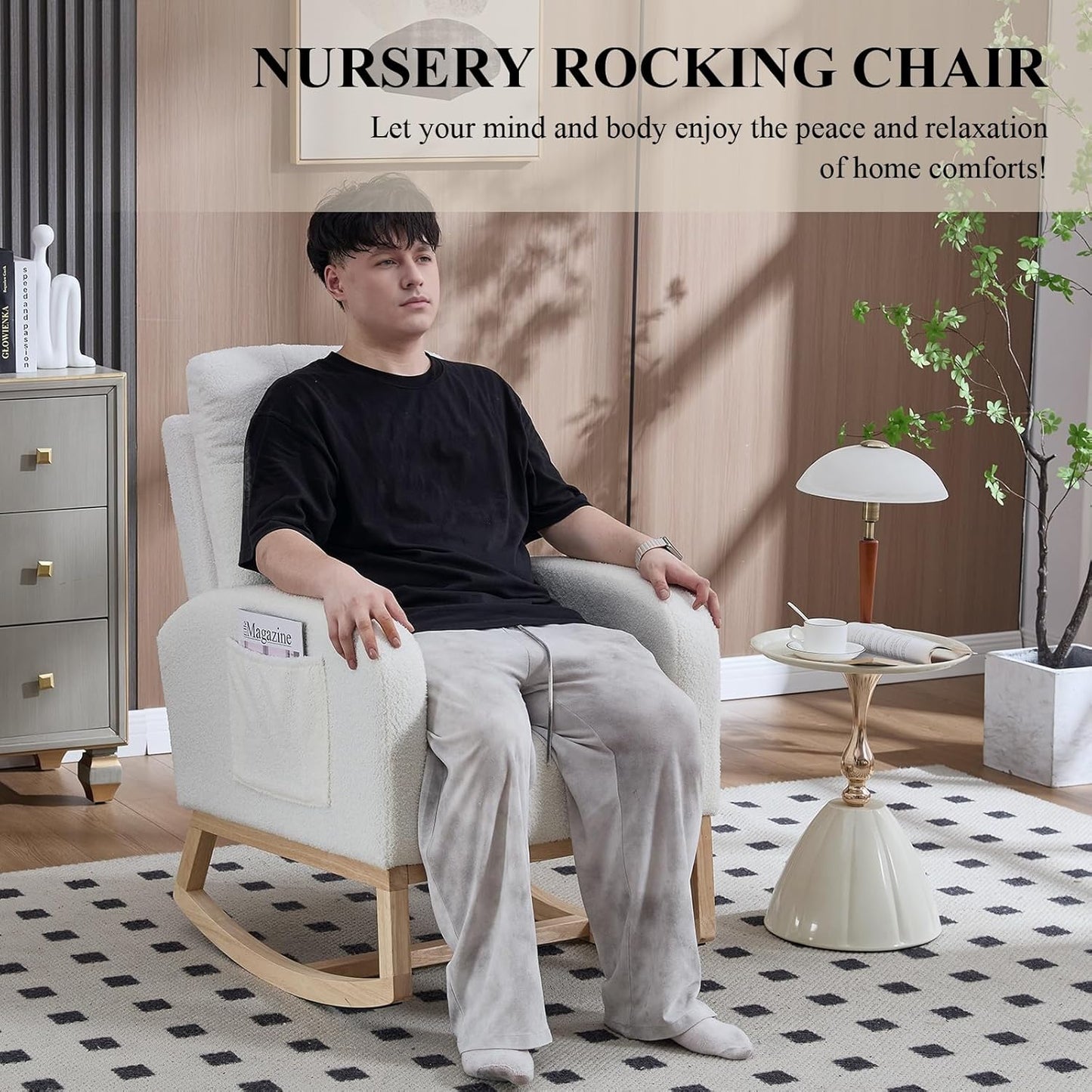 NIOIIKIT Nursery Rocking Chair, Teddy Upholstered Glider Chair with Side Pocket, Glider Rocker Chair with Tufted Back, Comfy Accent Nursing Chair for Living Room (White Retro)